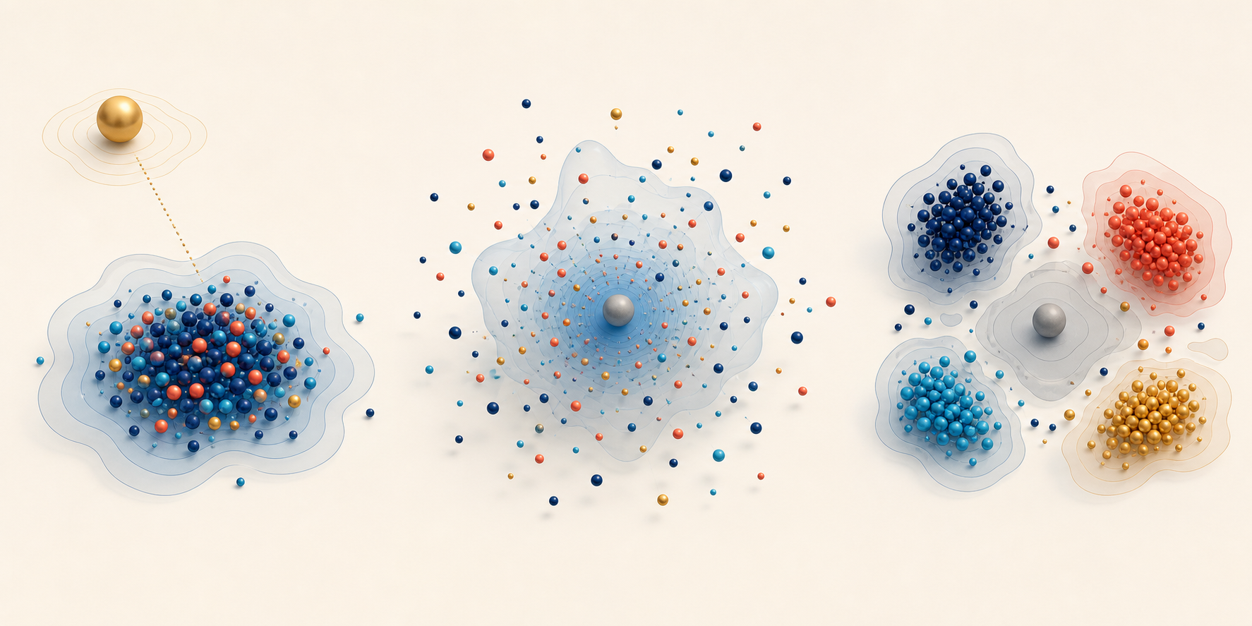 Three abstract point-cloud scenes show an off-center cluster, a widely dispersed cloud, and several isolated clusters.
