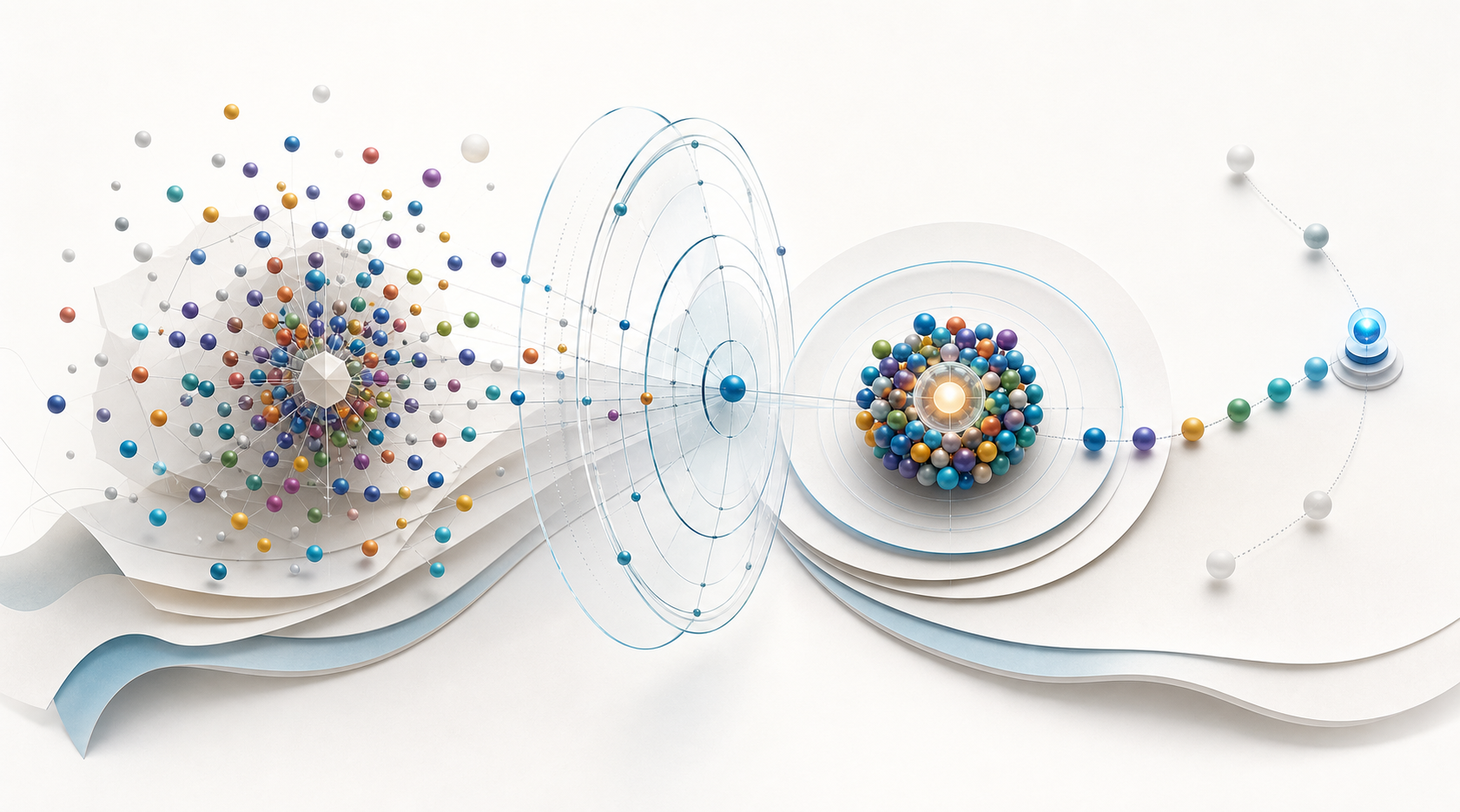 A disorganized cloud of colored points is measured and reorganized into a compact cluster around a glowing center.