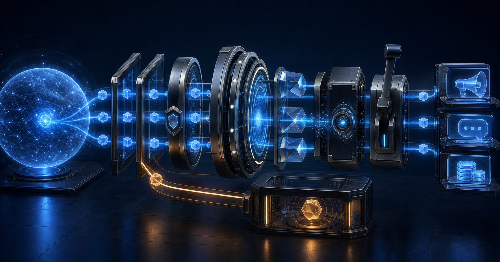 Proposed AI actions pass through layered permission, validation, spending-limit, audit, and human-approval controls before reaching marketing systems.