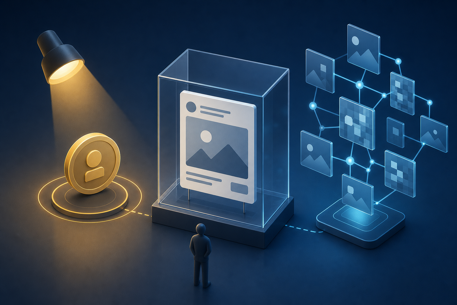 A digital ad card is shown between symbols for paid placement and AI-assisted creation, with a human advertiser standing behind it.