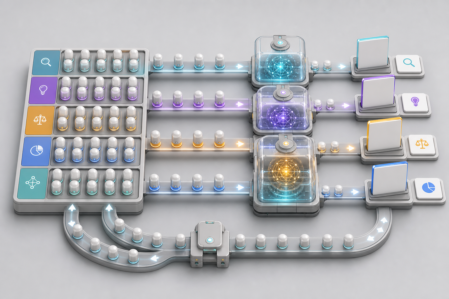 Rows of color-coded prompt capsules travel through parallel AI testing chambers and return through a circular rerun mechanism.
