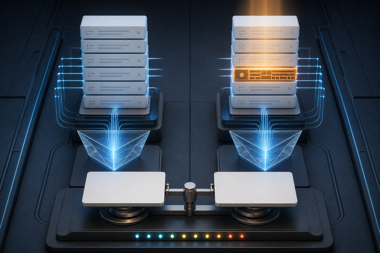 Two nearly identical content stacks feed AI answer prisms, with one highlighted module changed on the experimental stack for a controlled comparison.
