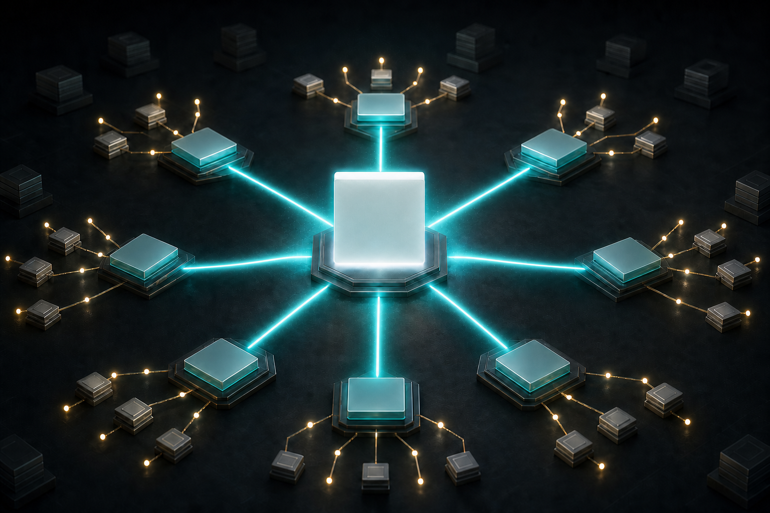 A bright central web page receives converging internal links and branches into retrievable fragments that connect with several corroborating source nodes.