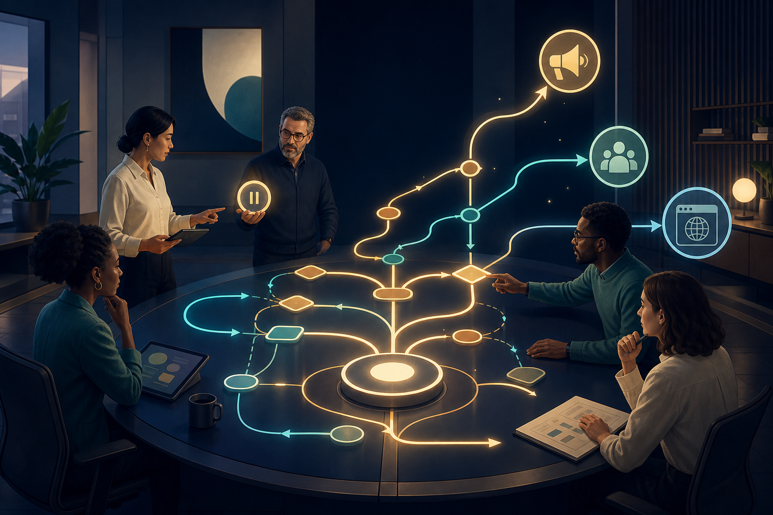 An operations team supervises a branching network of automated tasks, with people reviewing a decision point and controlling whether the workflow continues.