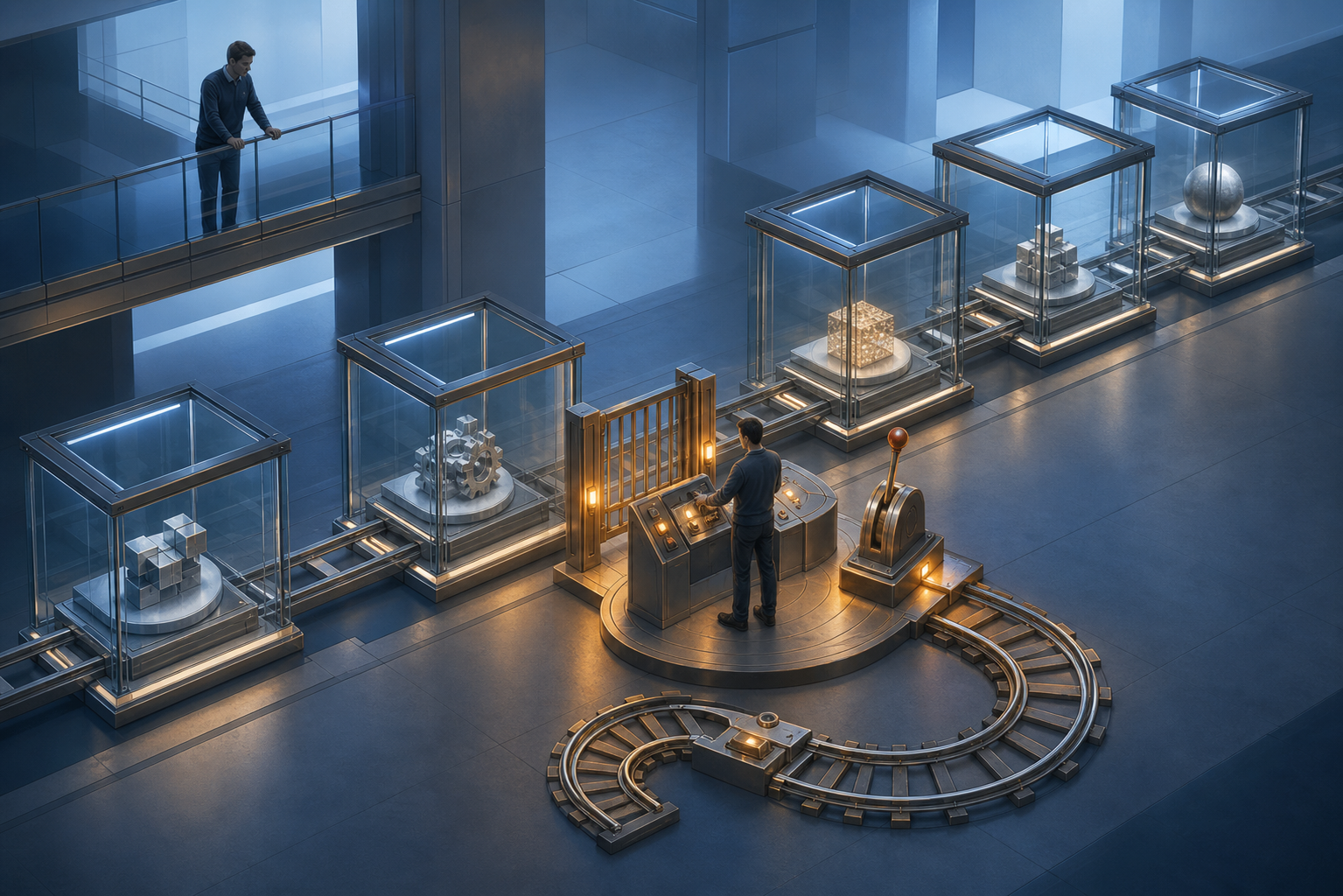 Two operators oversee a modular automated workflow equipped with an approval gate, a pause lever, and a track that can reverse direction.