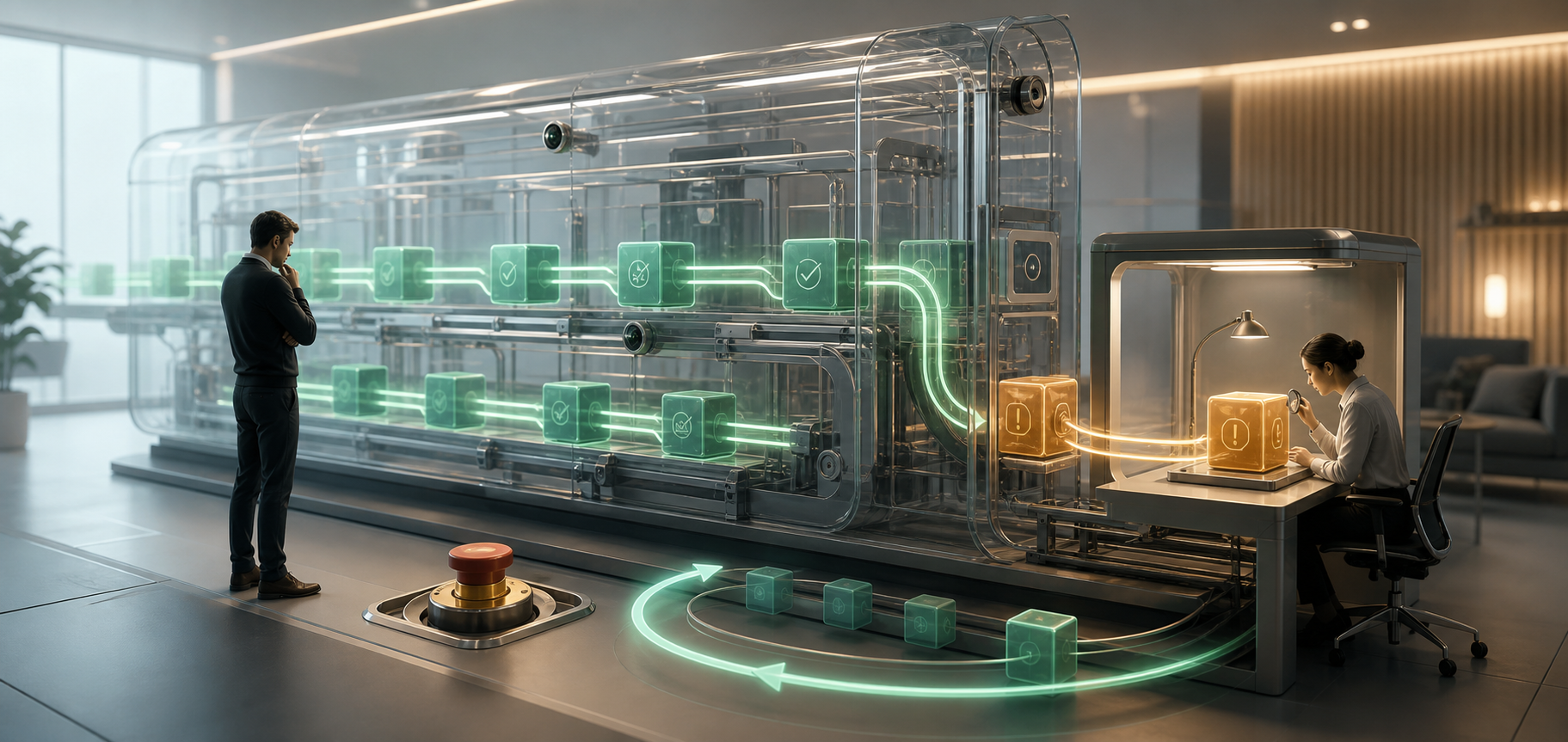 Analysts monitor tasks moving through a transparent automated system while an unusual task is diverted into a separate human review bay.