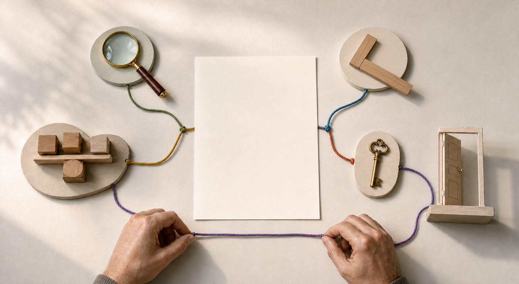 A writer's hands arrange connected research objects, including a magnifying glass, measuring tool, wooden blocks, key, and doorway model, around a blank sheet.