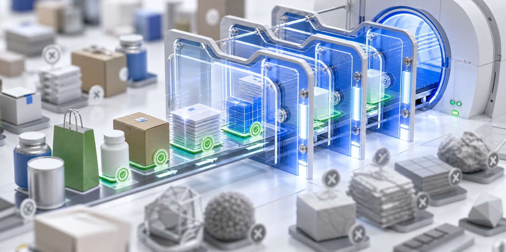 Structured product objects pass through illuminated machine-readable gates while incomplete objects remain outside.