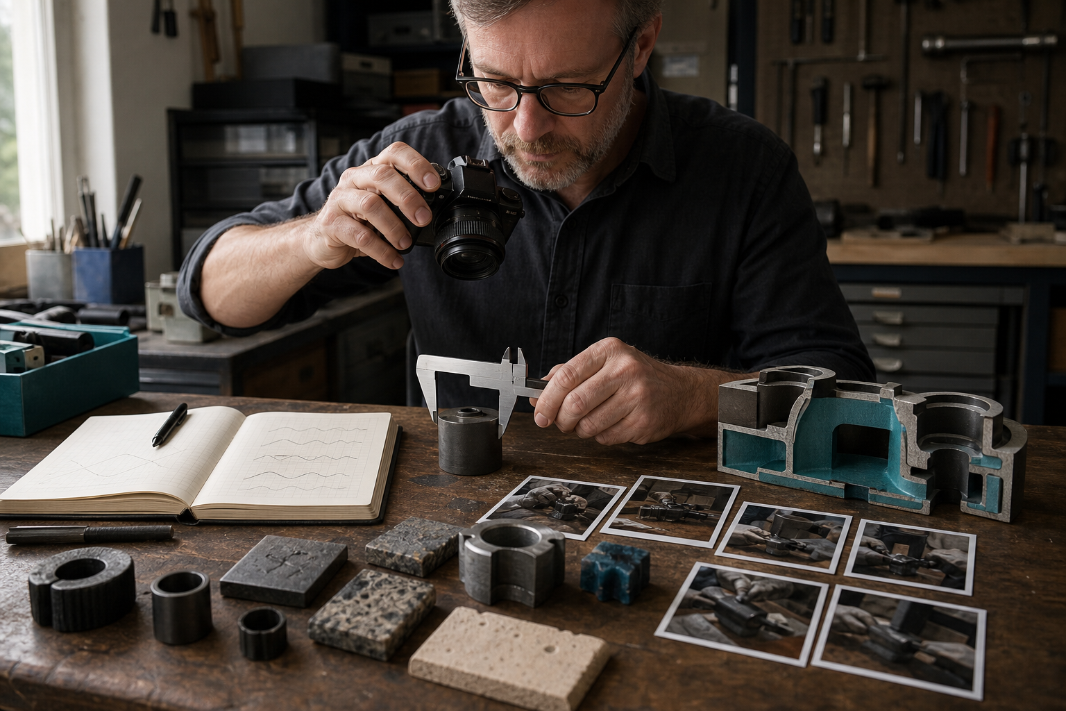 An expert measures a generic component with a caliper while documenting the test with a camera, surrounded by samples, tools, a notebook, and process photographs.