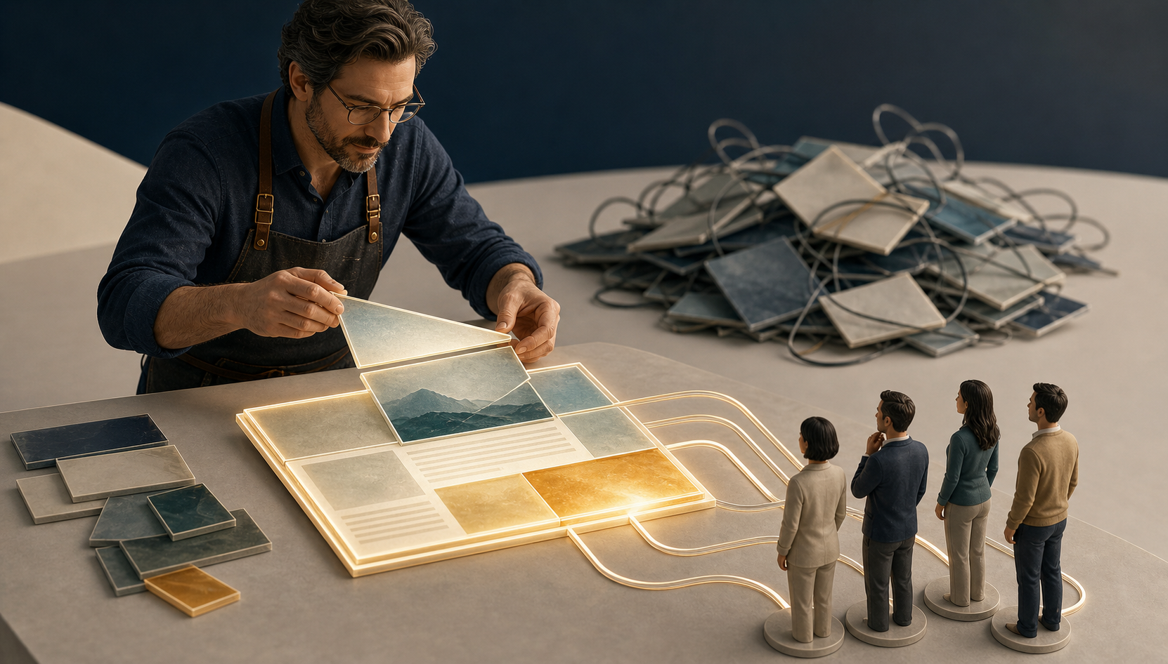 A craftsperson combines several fragmented web-page tiles into one strong illuminated tile connected to a group of readers.