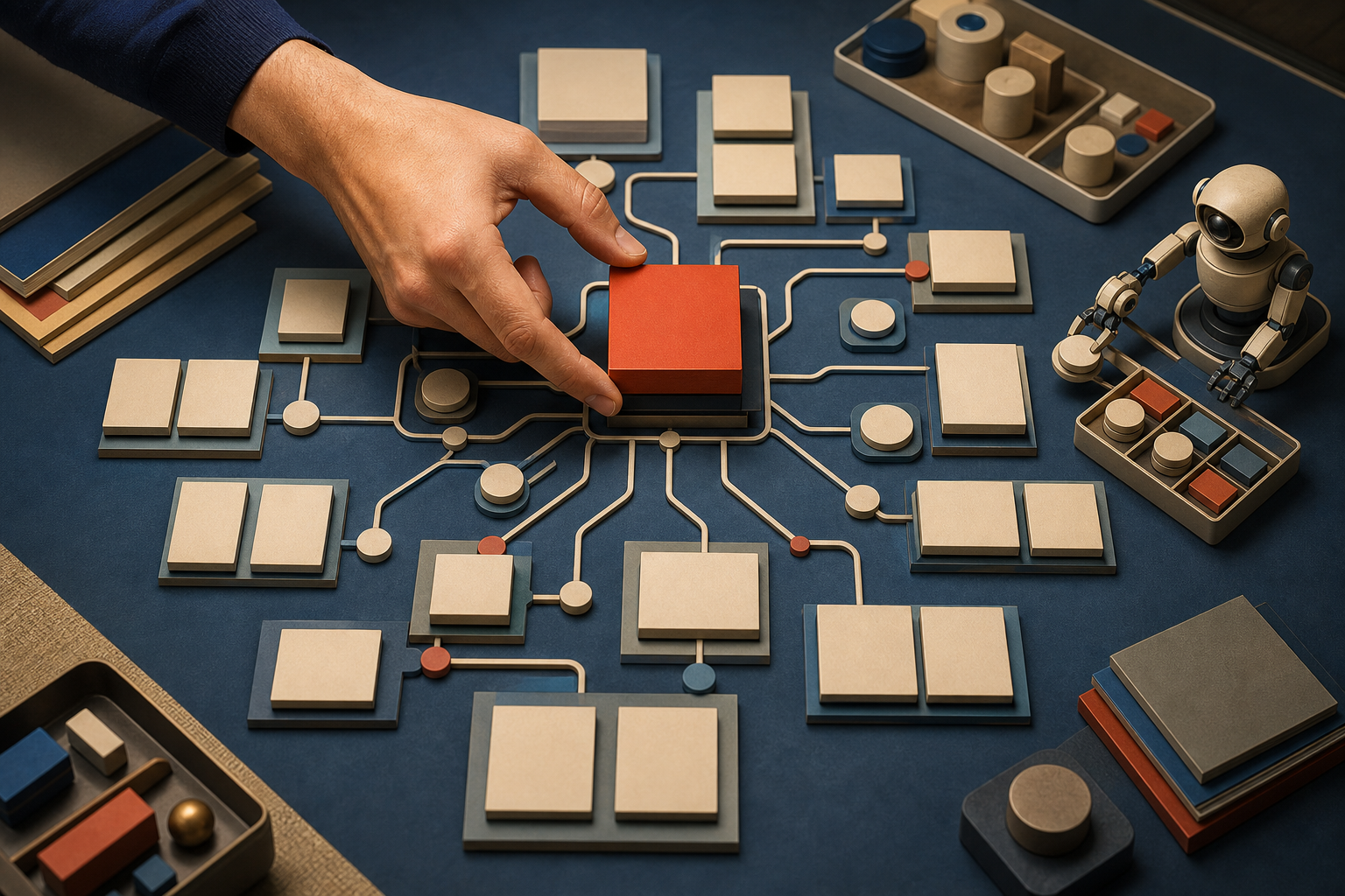A human hand places a central colored block into a connected tabletop system of blank content modules and evidence tokens.