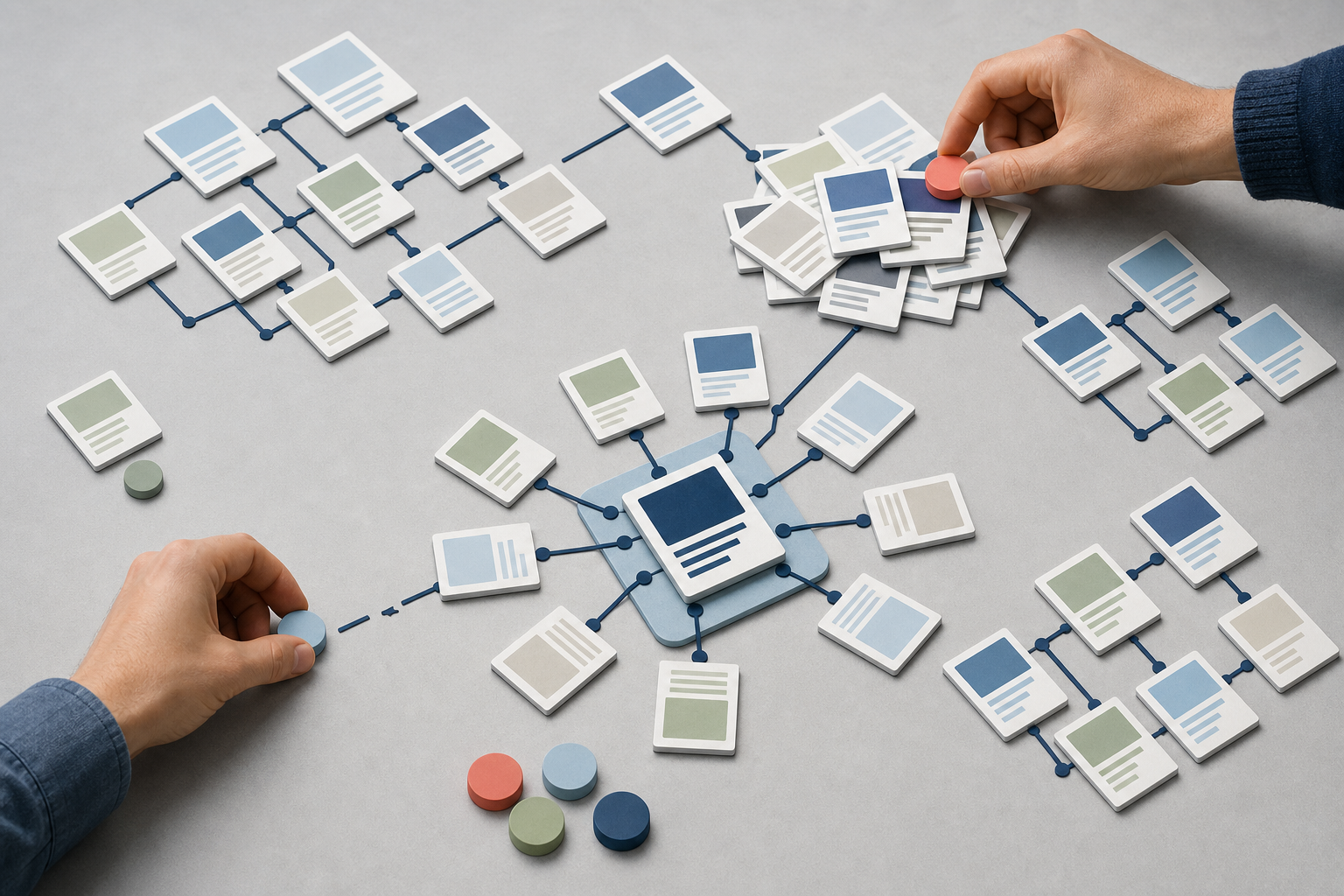 A strategist organizes linked page cards into topic clusters and identifies overlapping, isolated, and central pages.