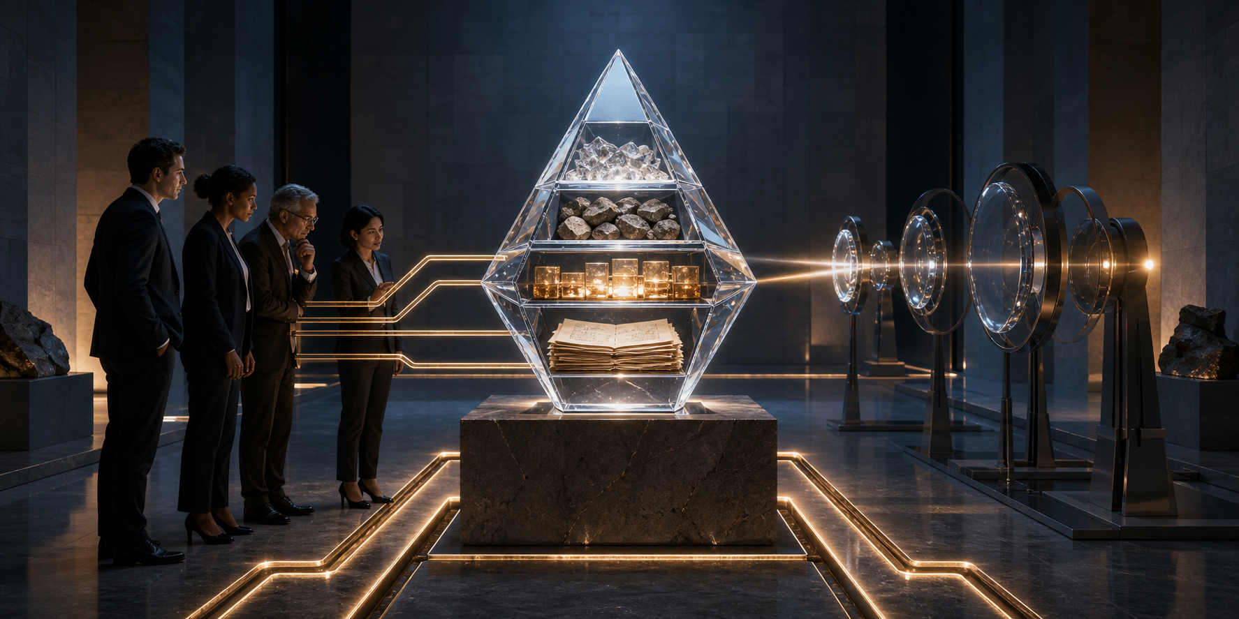 Business buyers and an abstract scanning device examine the same illuminated geometric object and its visible proof components.