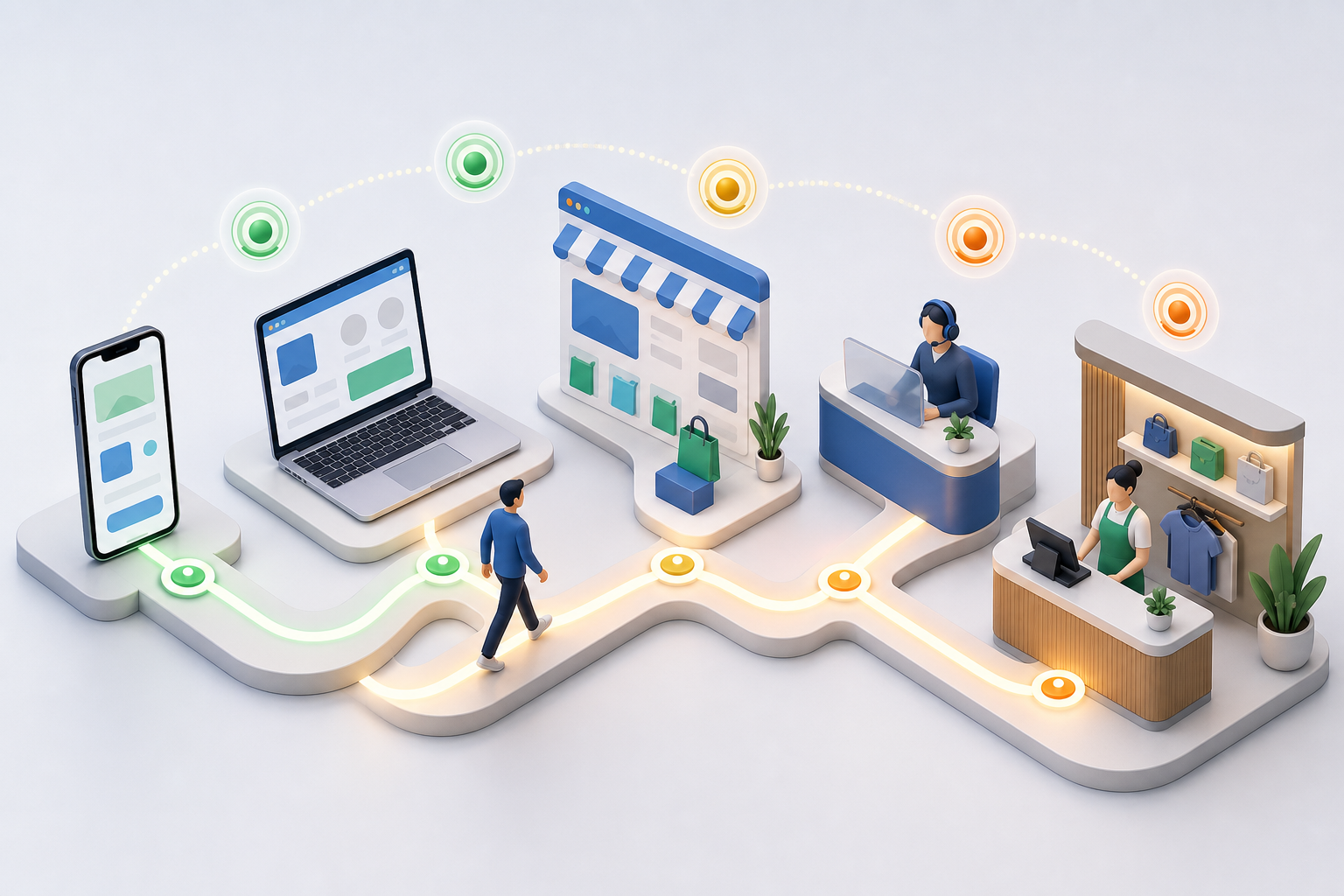 An isometric customer journey connects a phone, laptop, online store, call center, and retail counter with one illuminated path.
