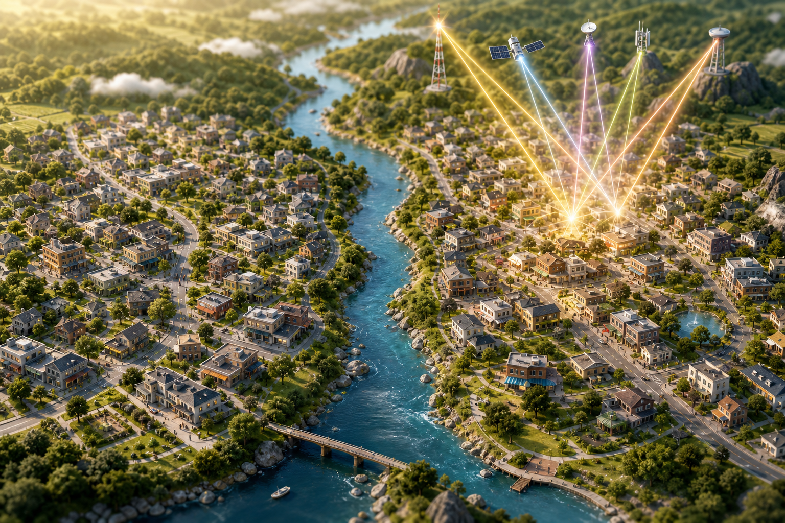Two similar miniature city regions sit on opposite sides of a river, with media signals illuminating only one region.