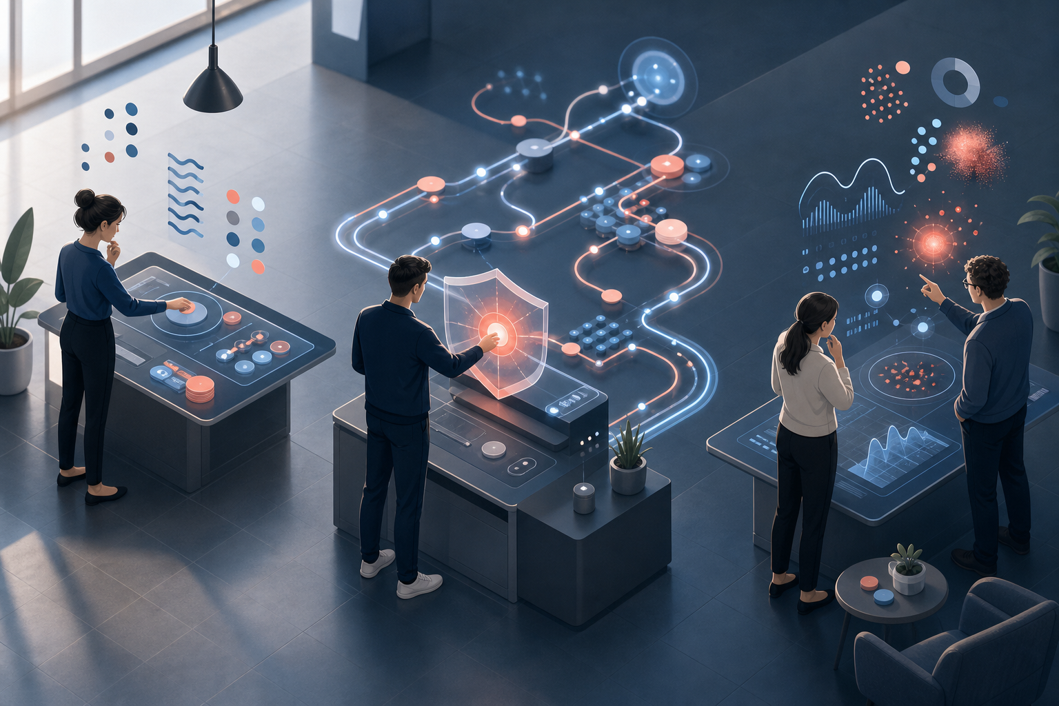 Marketing specialists set campaign goals, monitor automated activity, and review outcomes across a continuous workspace.