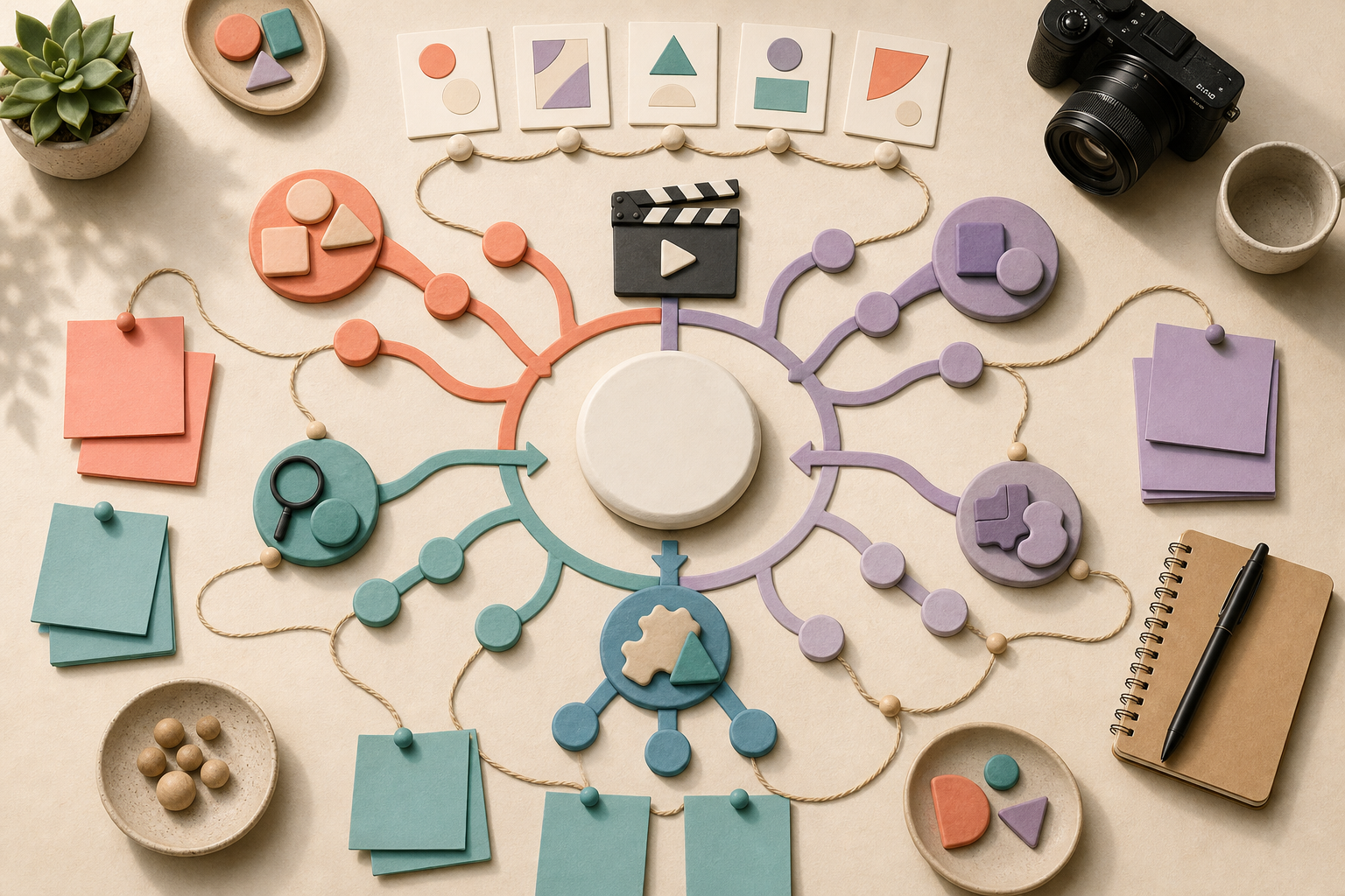 A top-down desk scene shows a camera, blank storyboard cards, symbols, and branching threads organized around a central viewer objective.