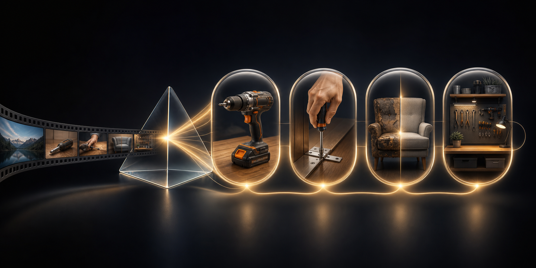 A filmstrip passes through a glowing prism and separates into four connected visual capsules showing a tool, a procedure, a transformation, and a finished result.