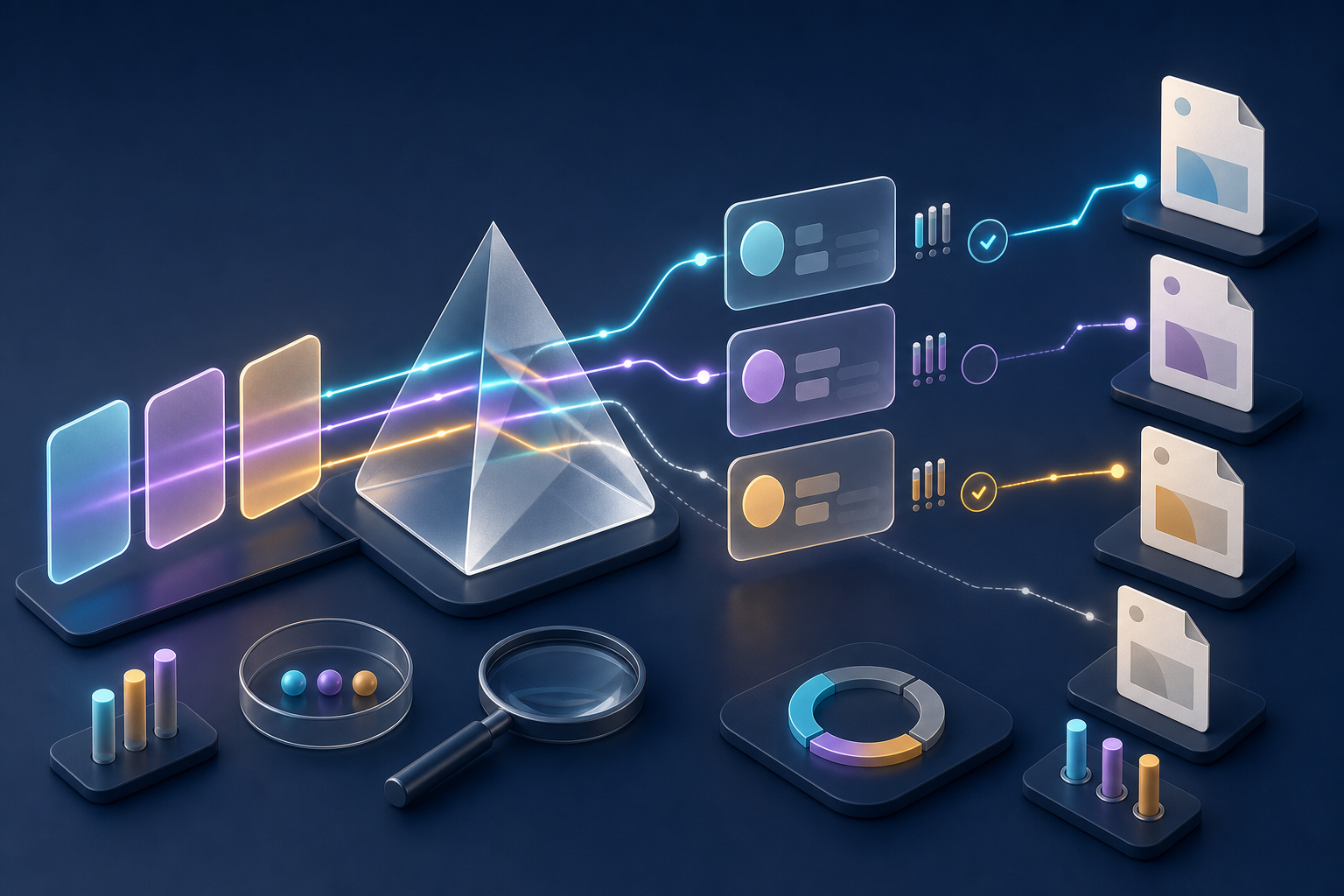 An isometric workspace with query cards flowing through an AI prism into answer panels connected to source documents by glowing lines.