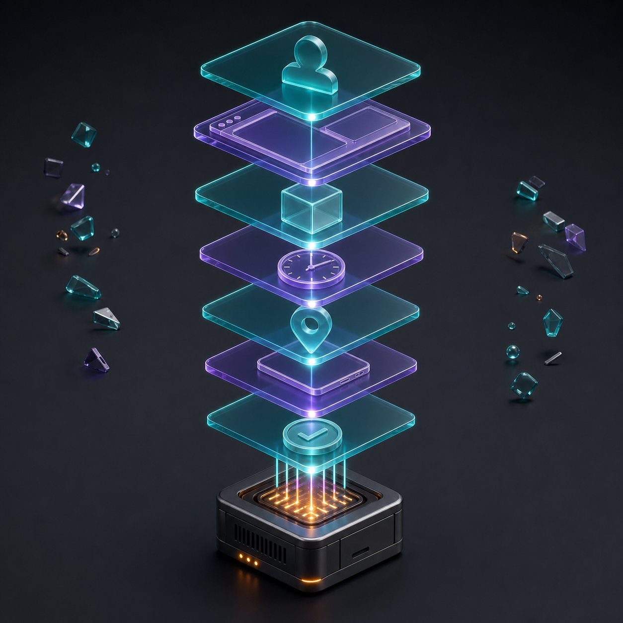 Translucent layers containing audience, context, product, time, location, device, and transaction symbols feed into a central bidding engine.