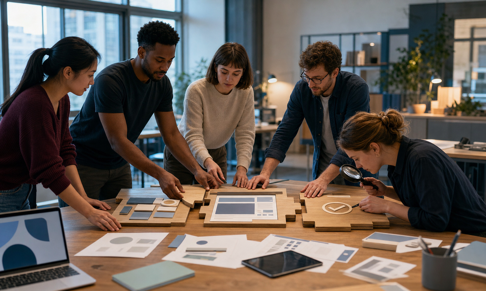 A cross-functional office team moves interlocking project components across a worktable while one person verifies the finished result with a magnifying glass.