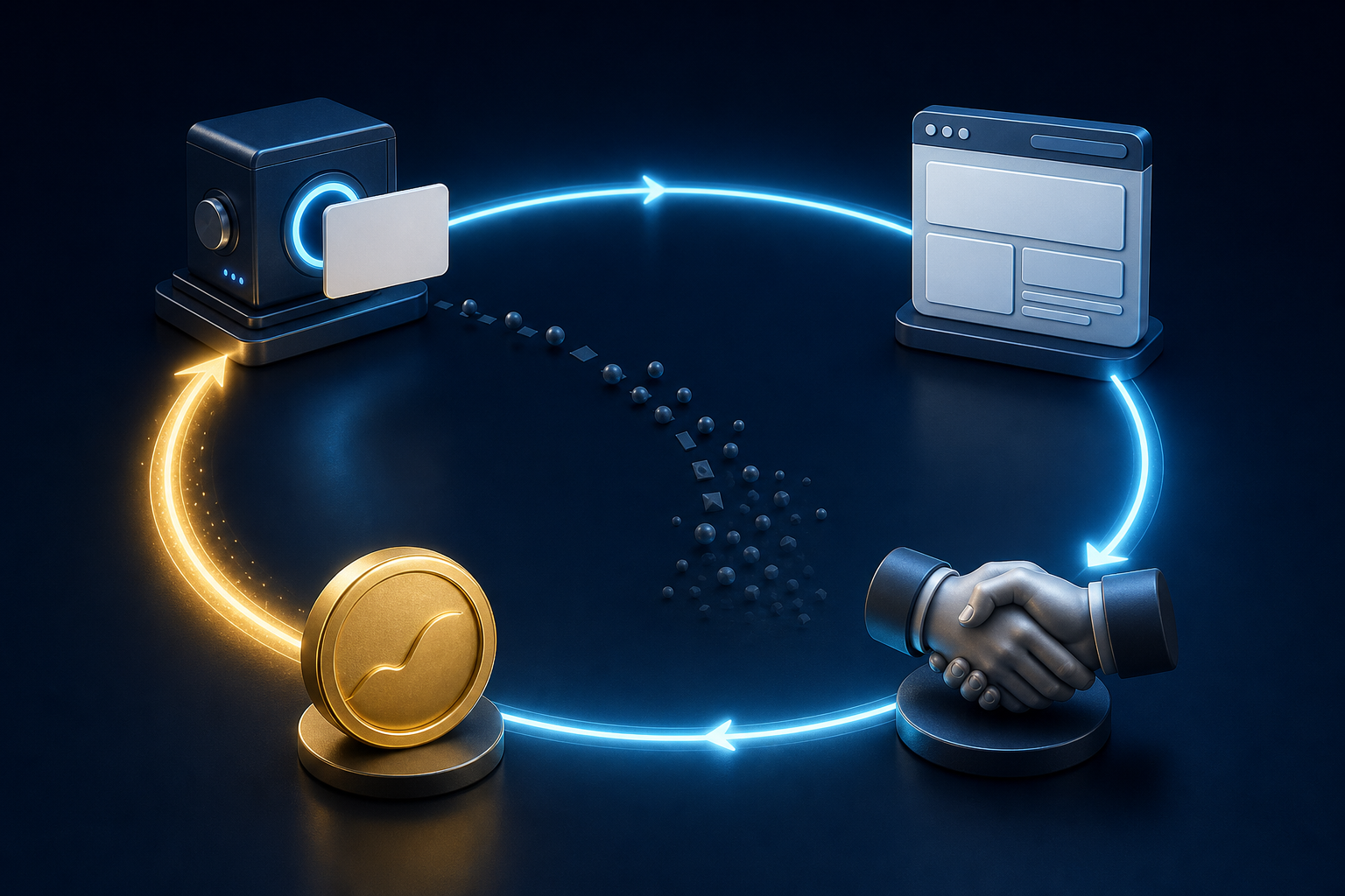 A circular pathway links an ad click, landing page, qualified customer, and completed sale back to an optimization engine, while an incomplete click path fades away.