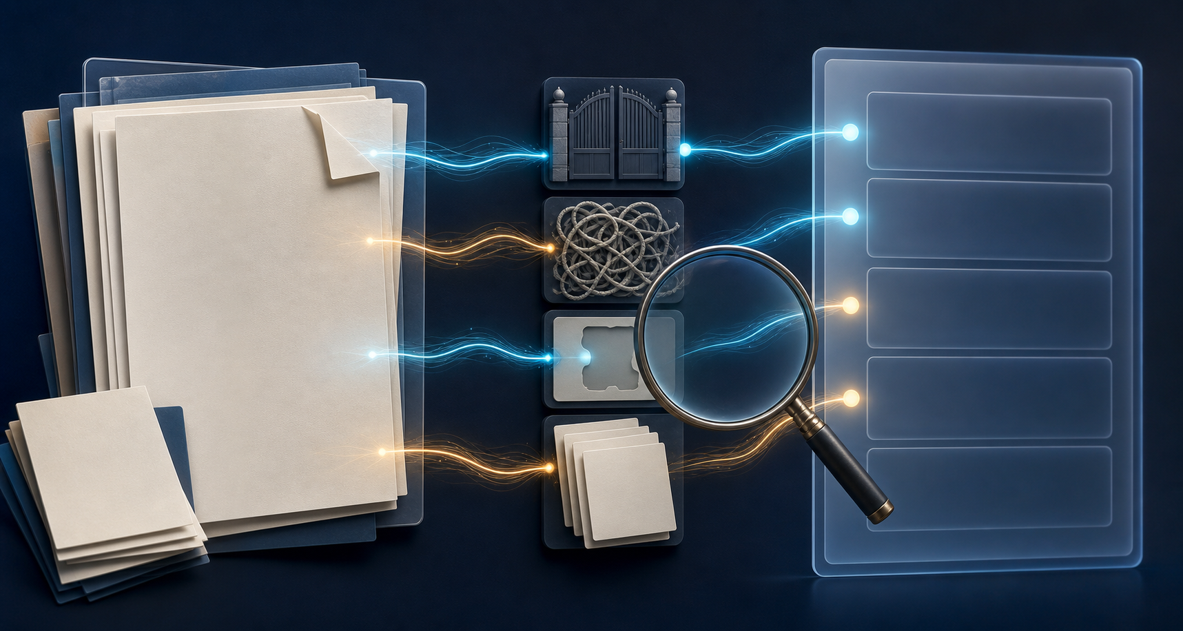 Evidence lines run from a source document toward an AI answer panel, with some reaching citation nodes and others blocked by access and structure obstacles.