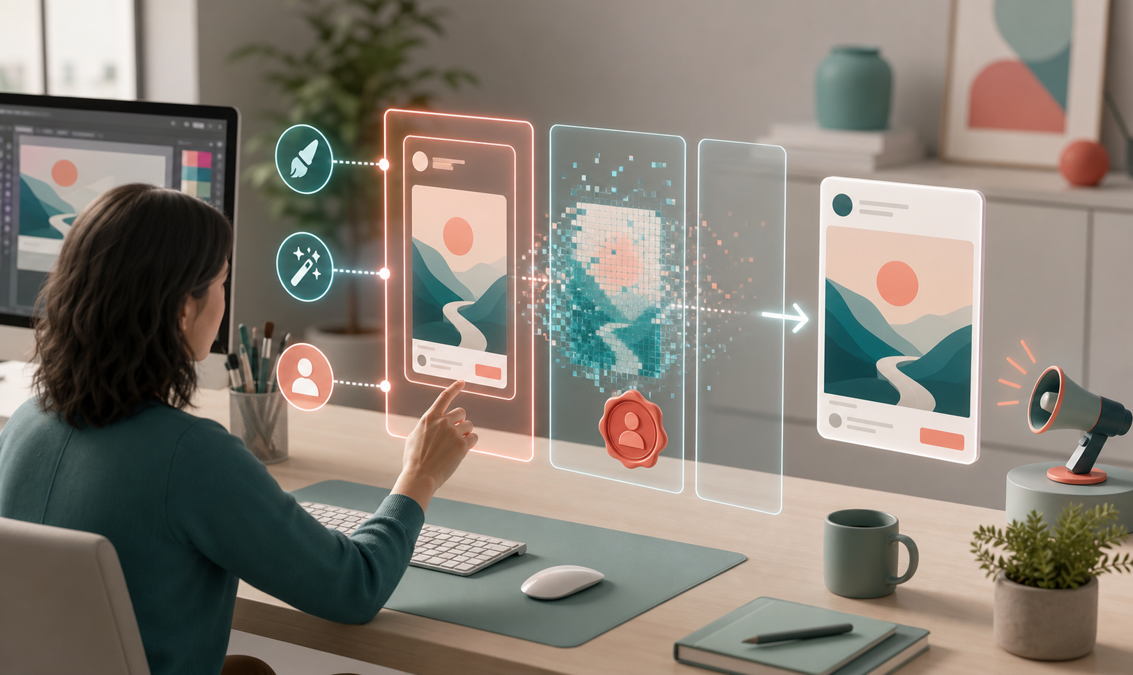 A marketing professional reviews an advertisement through transparent layers representing sponsorship, AI involvement, and human approval.