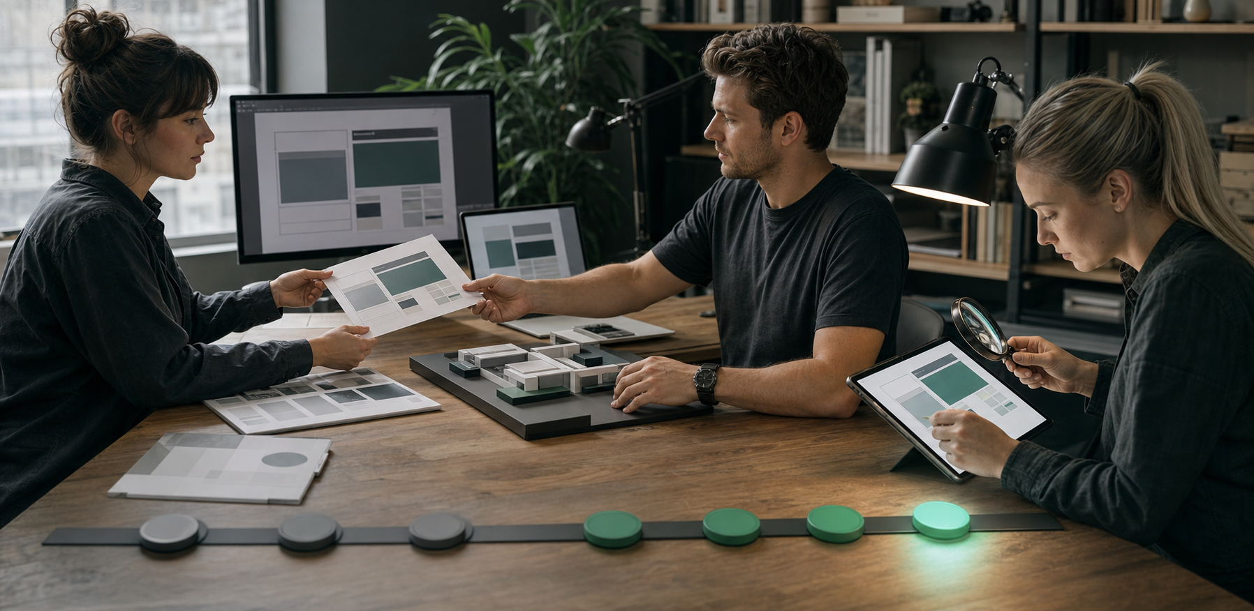 A designer, engineer, and analyst pass a website component along a desk from production to a final inspection station.