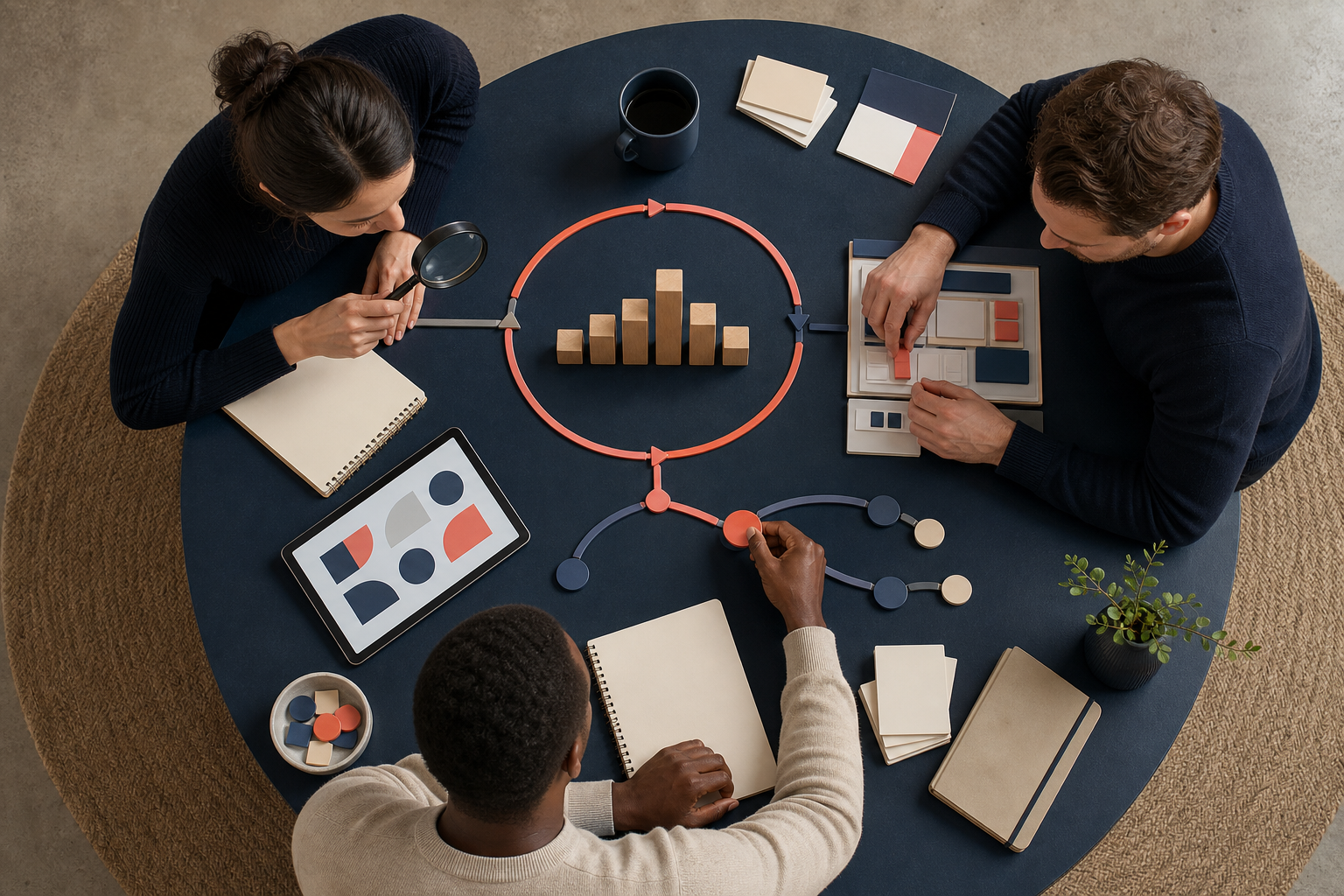Three colleagues examine changing wooden blocks on a circular table and move a token toward a branching course of action.