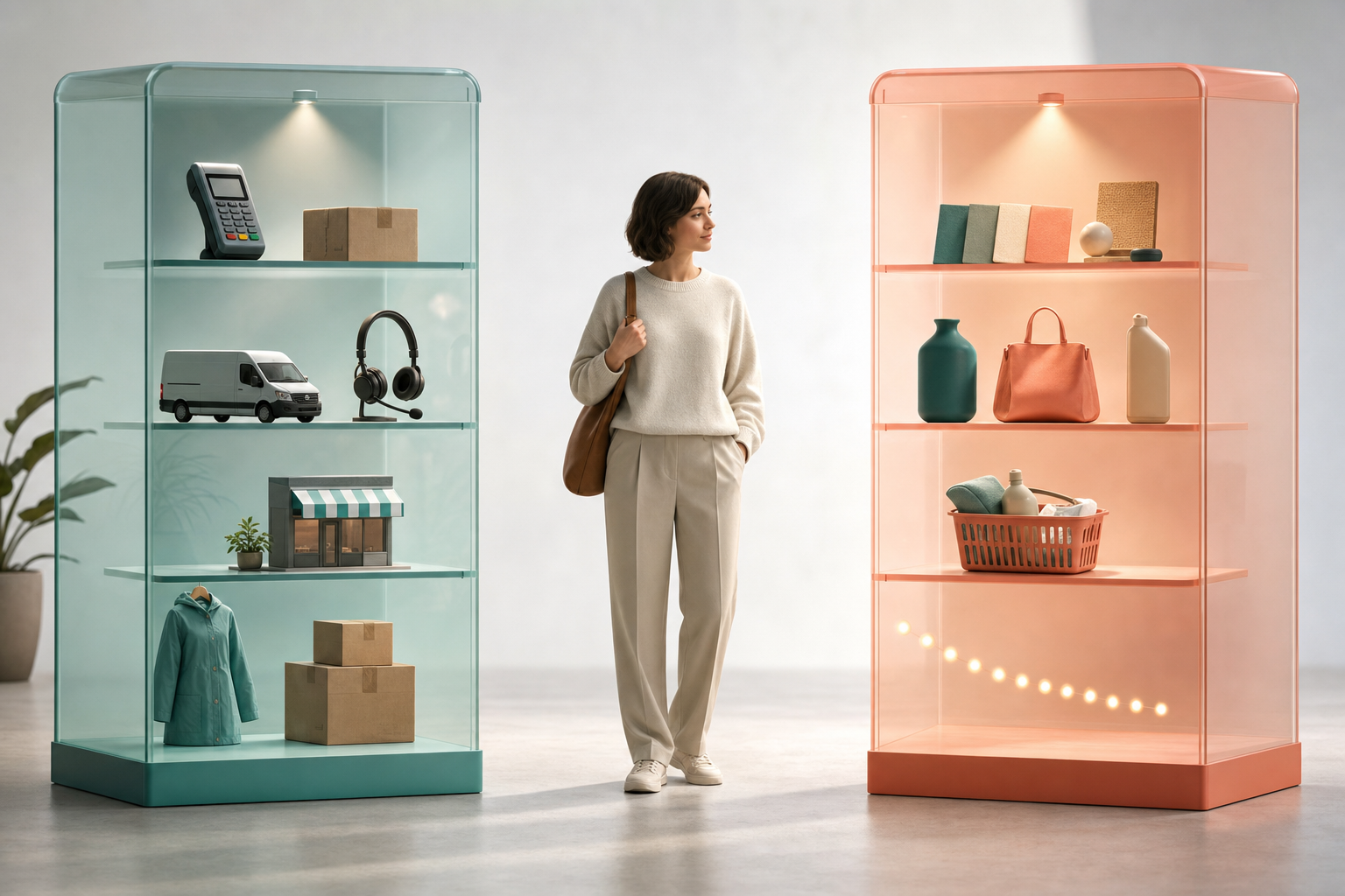 A shopper stands between separate translucent cabinets containing market-context objects and personal-preference objects.