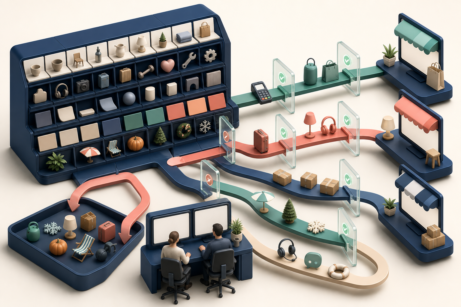 An isometric content library routes marketing assets through transparent guardrail gates while two people review diverted items.