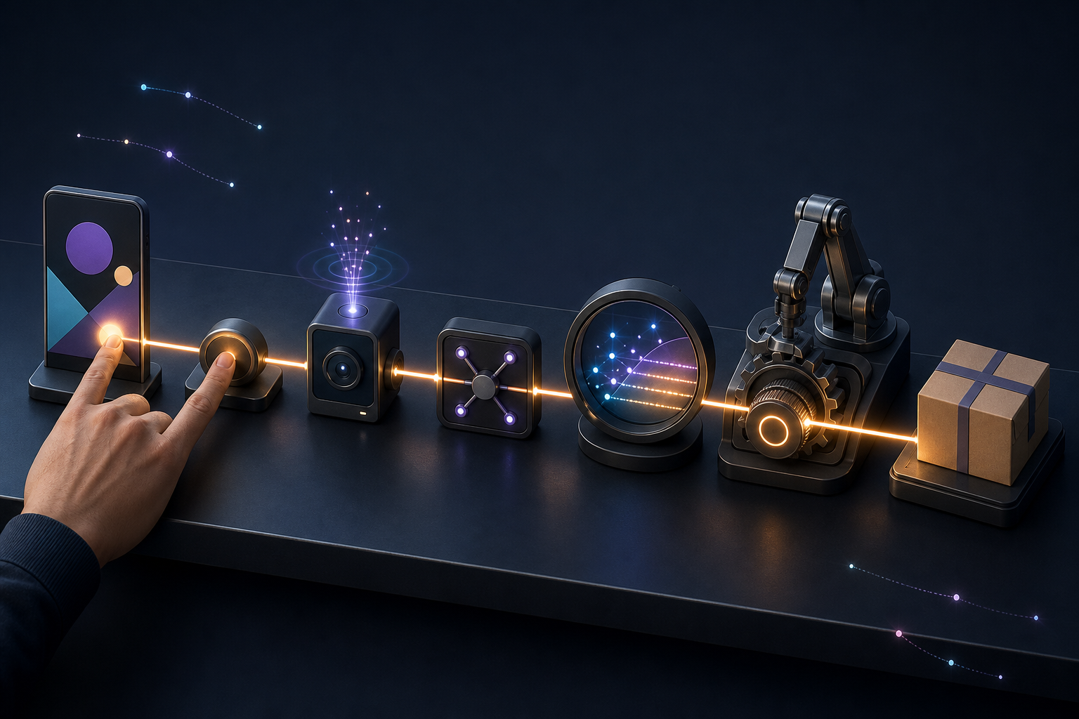 A glowing signal passes through connected advertising, interaction, tagging, analytics, optimization, and purchase stations on a dark worktable.
