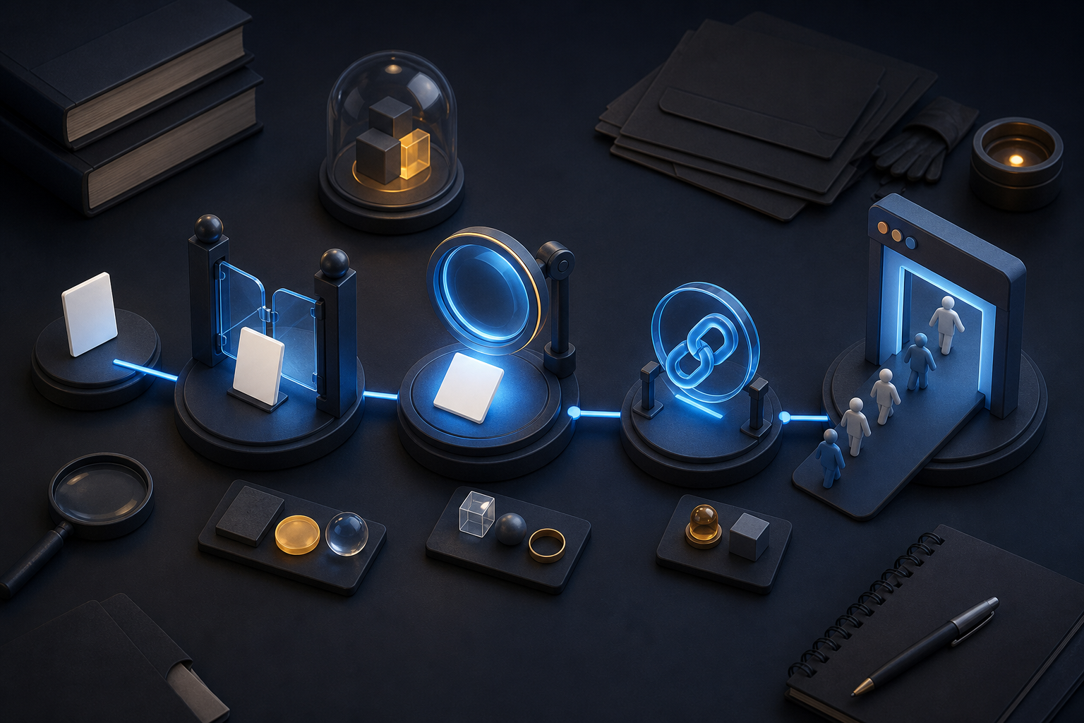 An isometric table shows a document moving through connected access, selection, citation, and visitor stages.