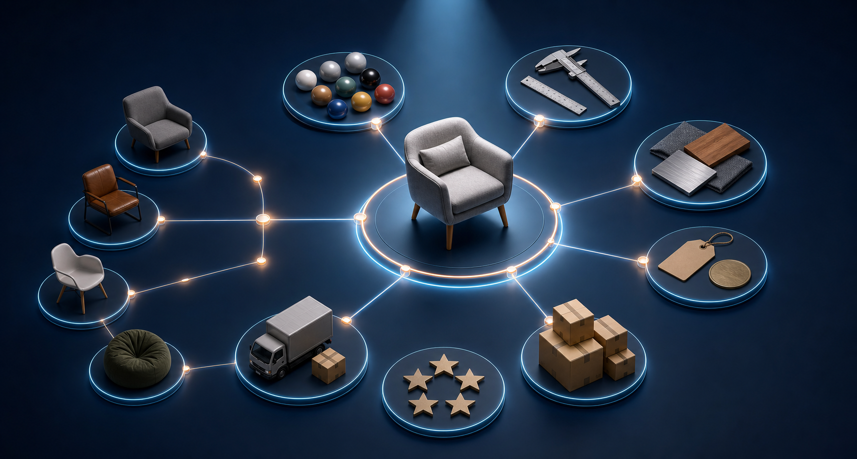 A generic product sits at the center of a connected network of attributes, inventory, reviews, shipping, and related items.