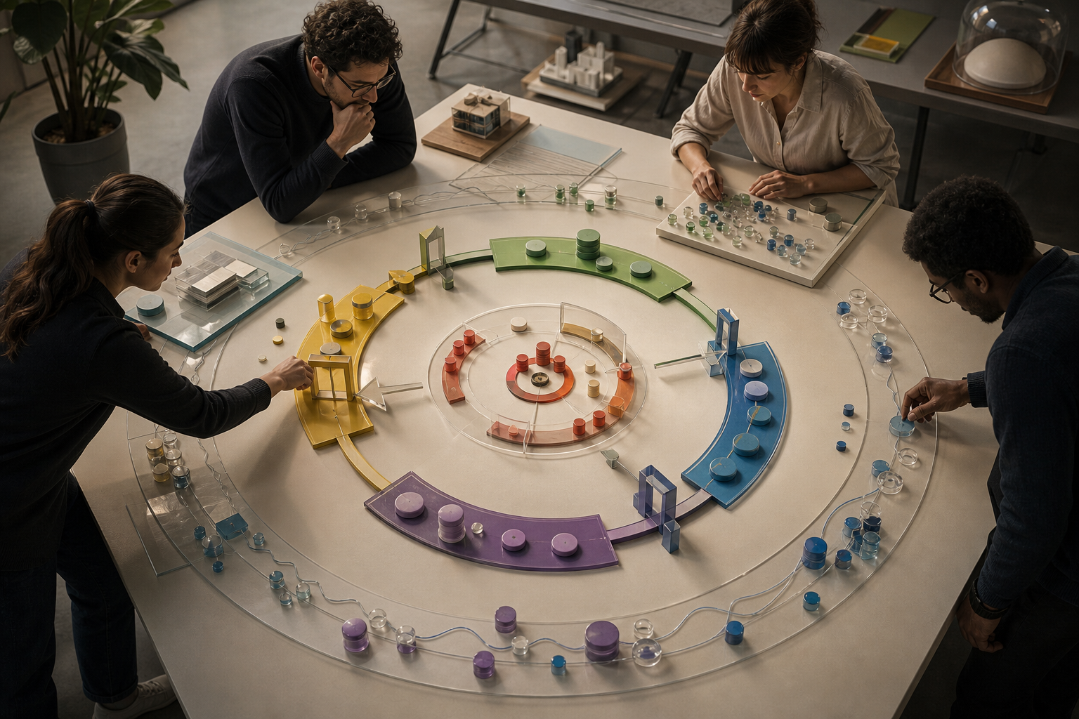 A cross-functional team supervises a circular system of campaign actions, measurement signals, constraints, and revised decisions.