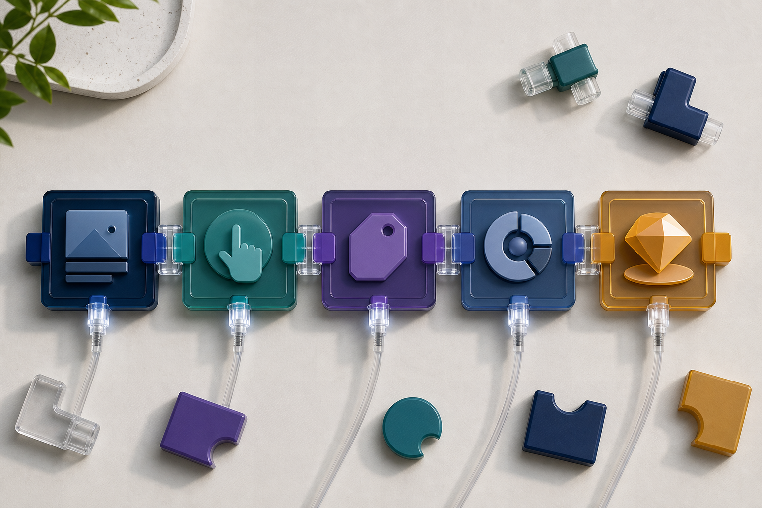 Five symbolic tiles for an ad, user action, event, analytics step, and business outcome connect in a tested sequence on a tabletop.