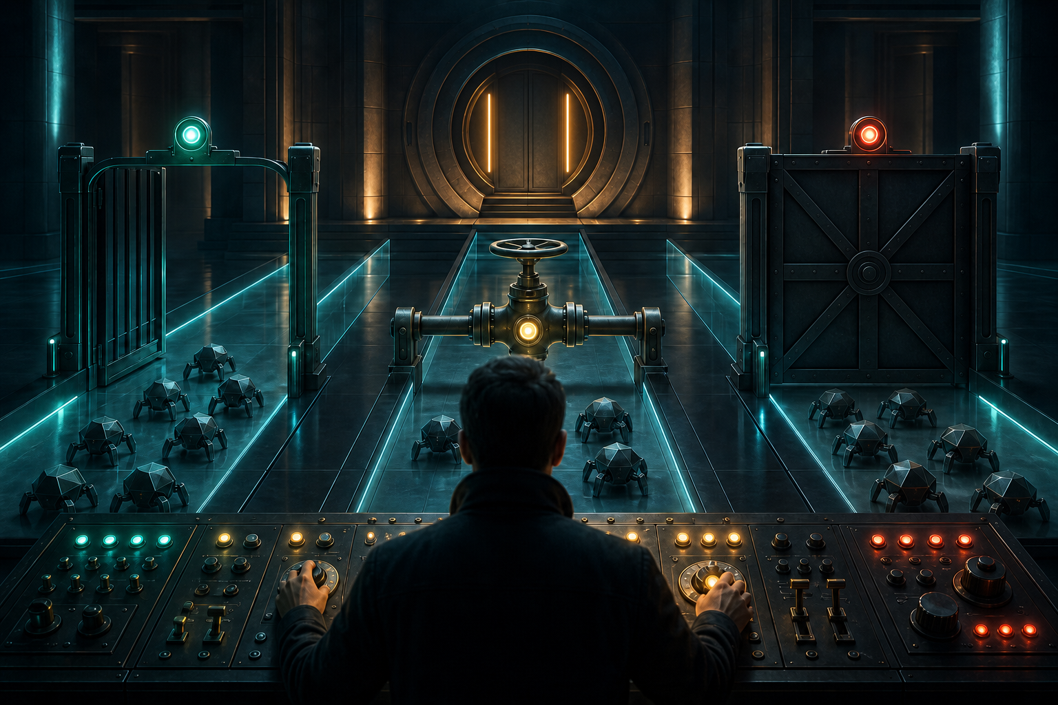 A person controls open, metered, and closed gates between geometric crawler machines and a secure digital archive.