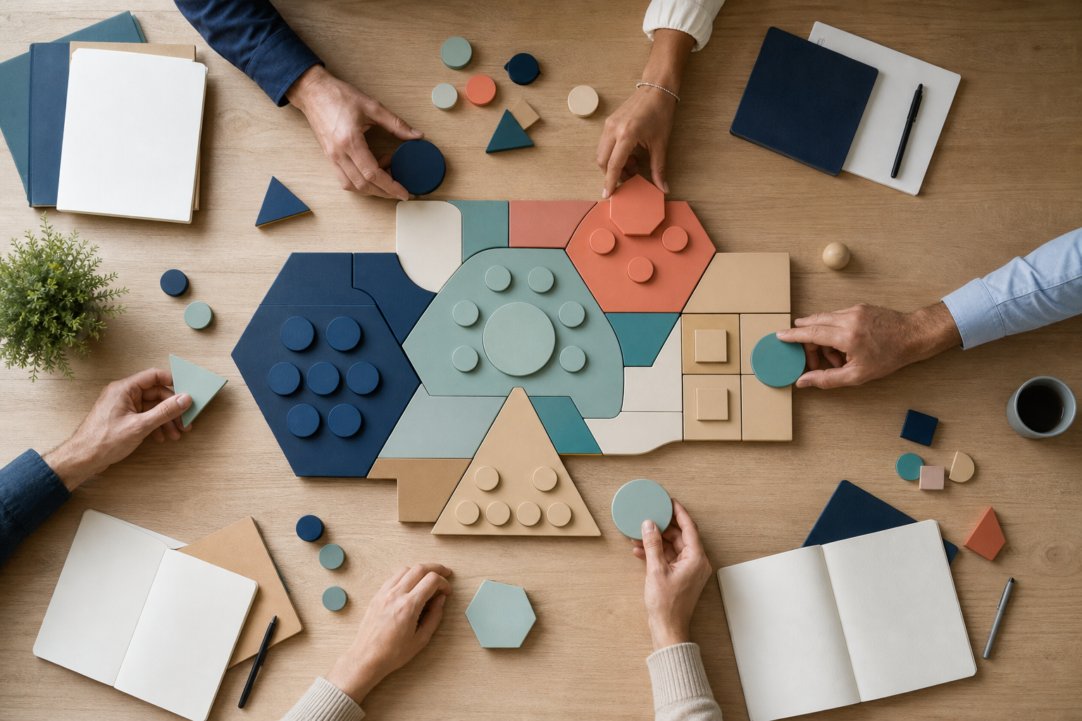 A team arranges interconnected planning tiles and decision markers during a growth strategy workshop.