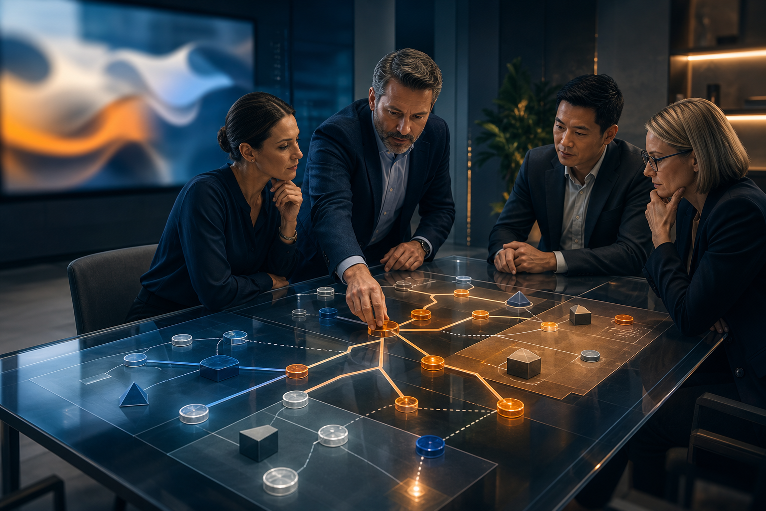 Client and agency leaders evaluate branching decisions and trade-offs while an abstract presentation remains in the background.