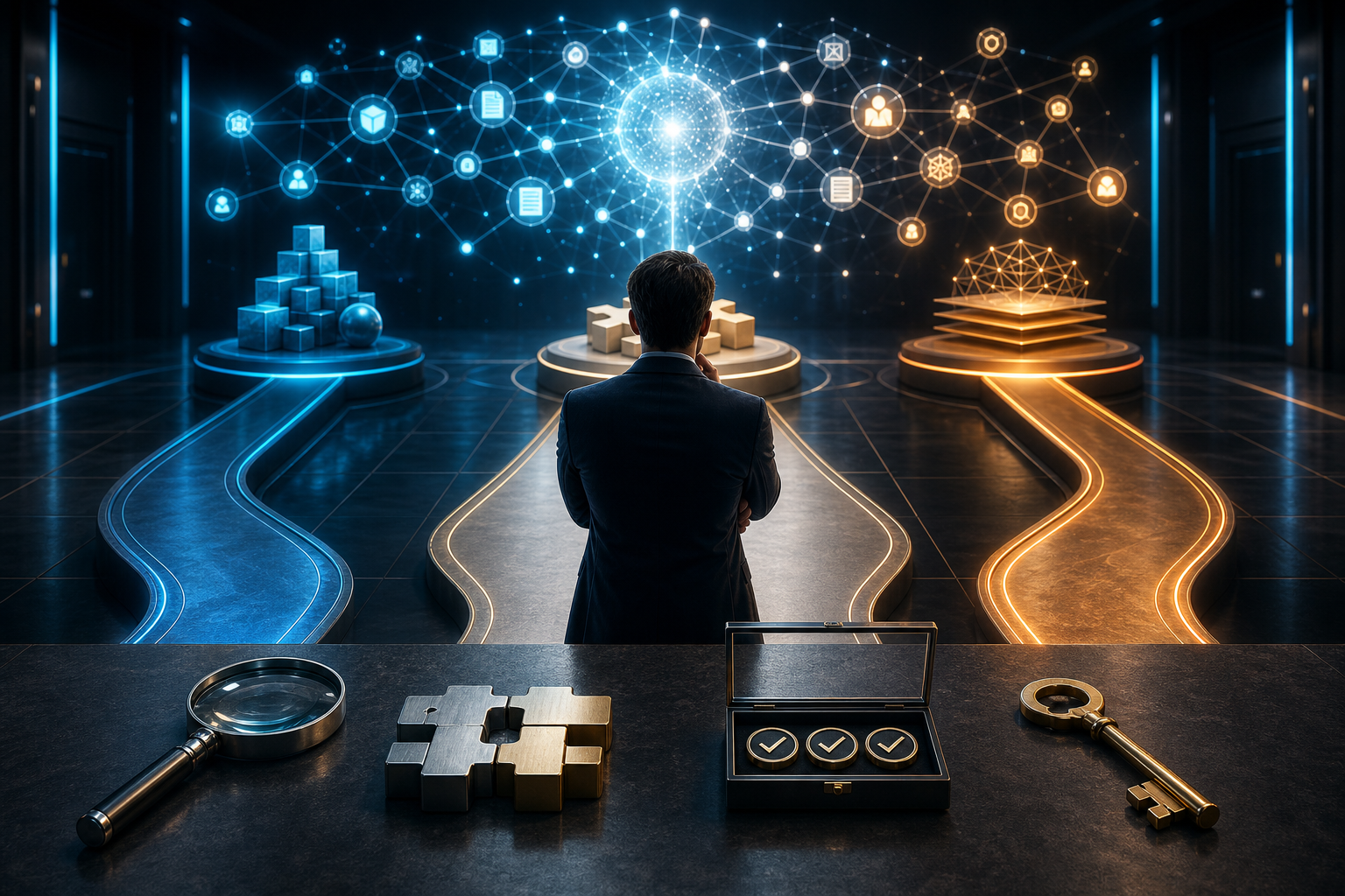 A marketing leader evaluates three pathways toward an abstract AI search network beside symbols for evidence, strategic fit, and ownership.