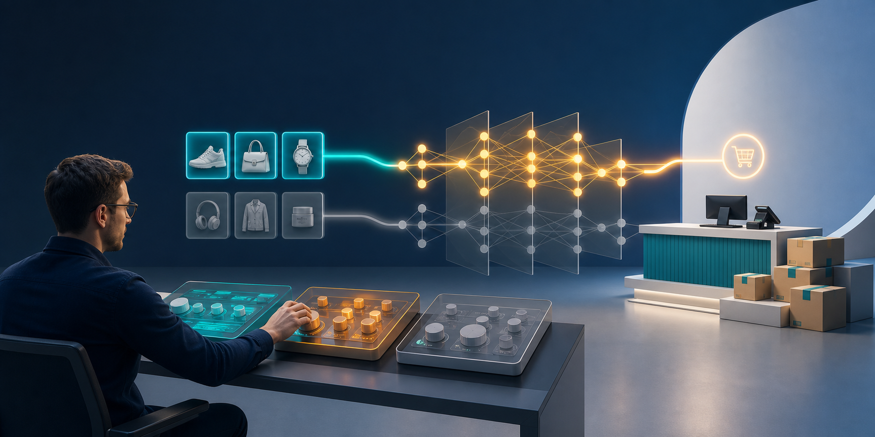 A marketing analyst controls two parallel AI advertising paths that lead to an online checkout and stacked parcels.