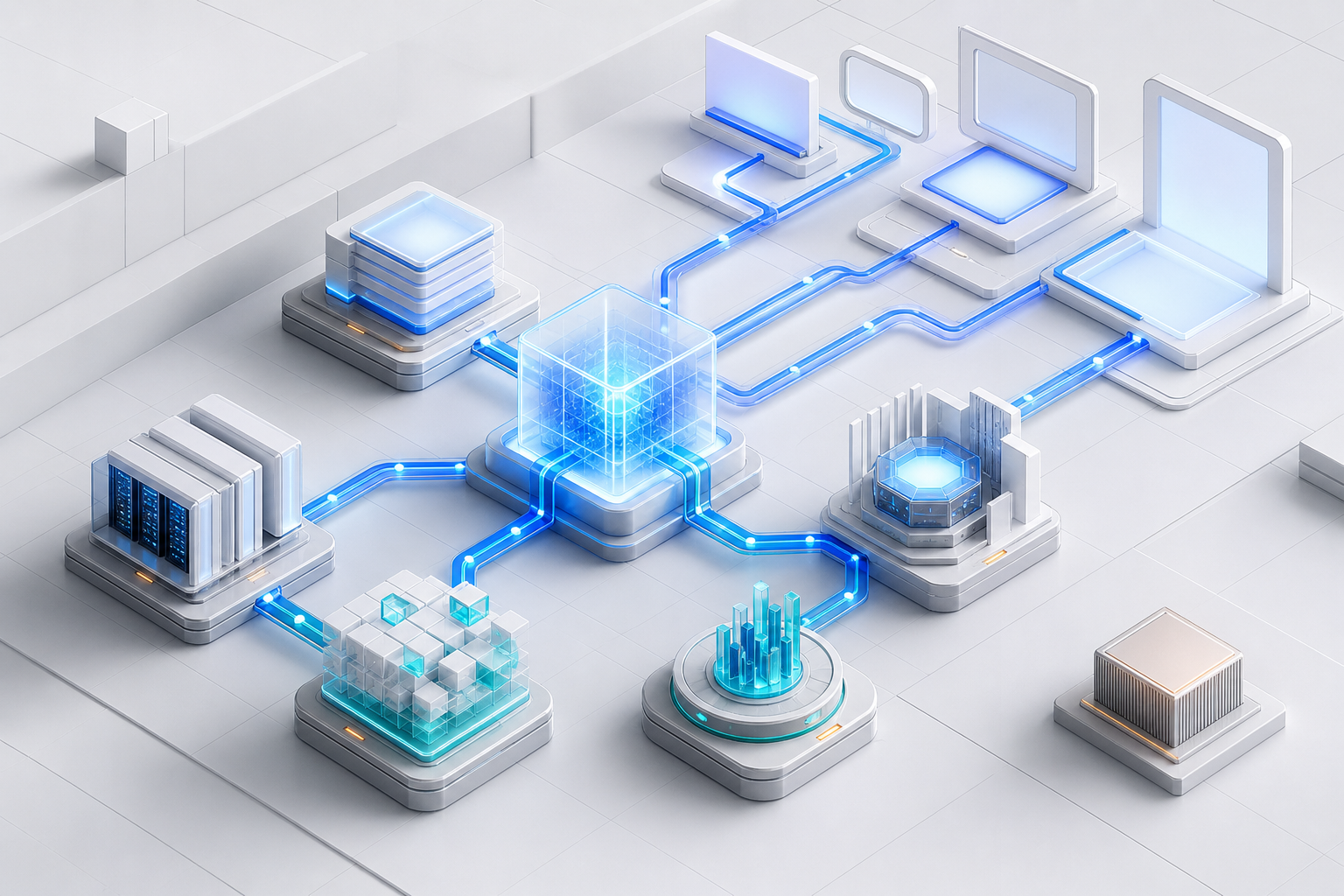 Five connected modules feed a central translucent AI core, while one isolated module remains outside the working system.