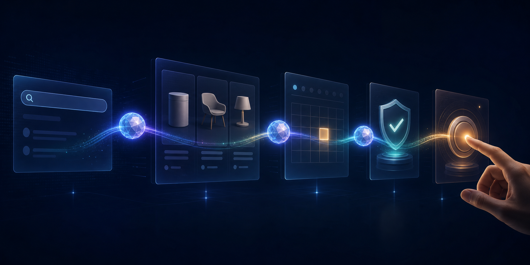 A glowing digital assistant moves through connected stages for comparison, scheduling, verification, and final human approval.