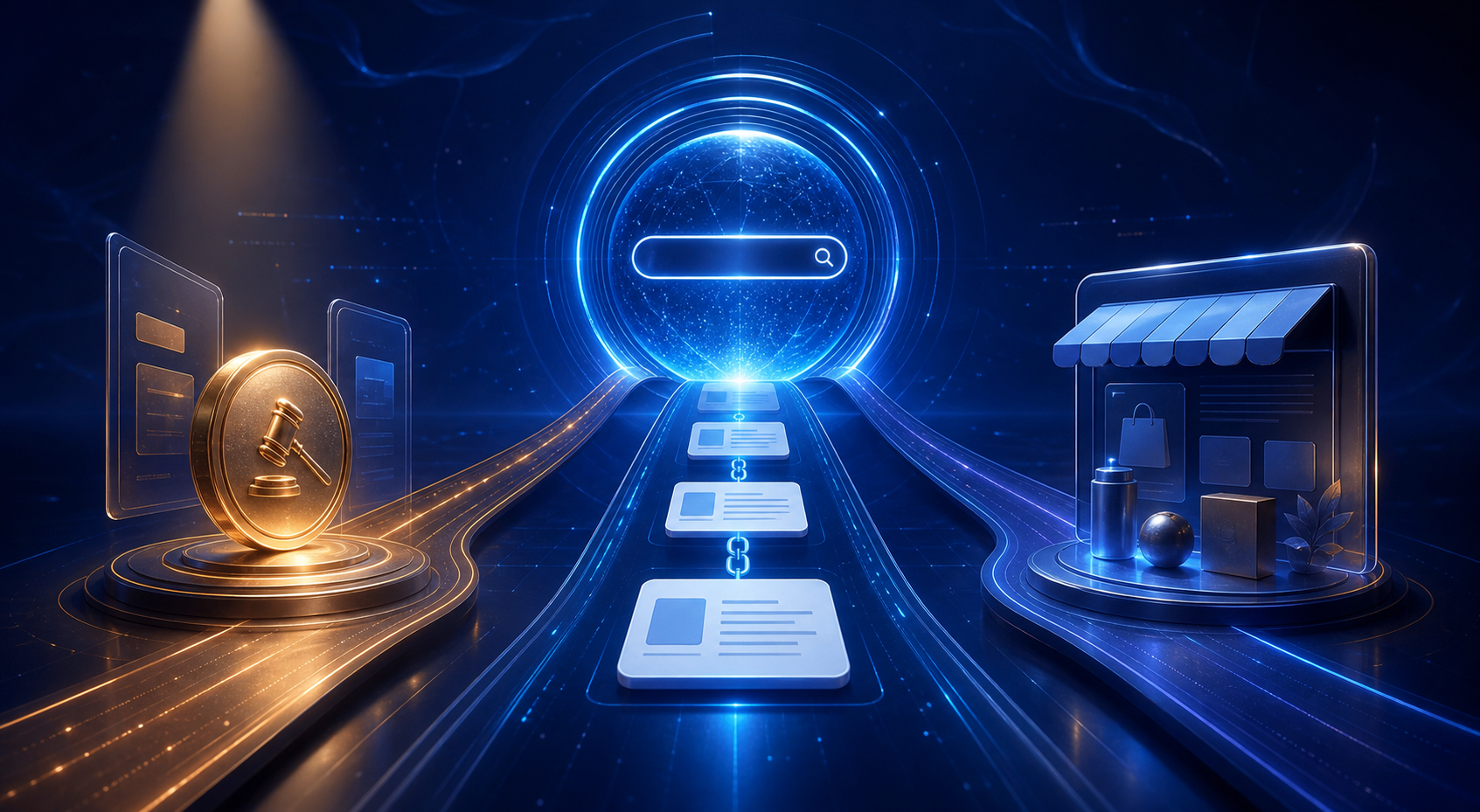 Three illuminated channels connect an auction token, linked document cards, and a storefront profile tile to a central AI search portal.