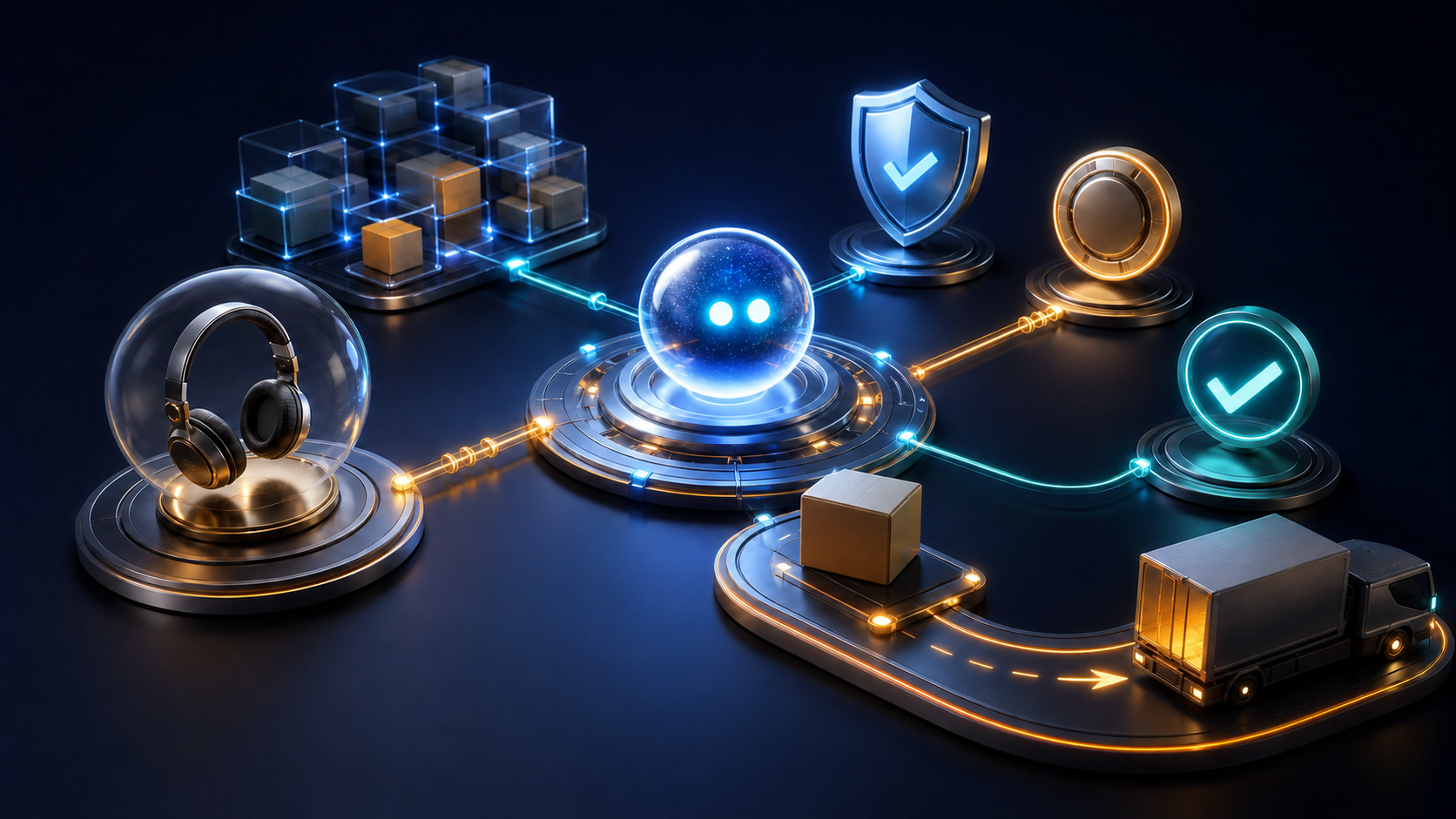 A glowing digital assistant coordinates a product, inventory, payment, permission, packaging, and delivery elements around a secure hub.
