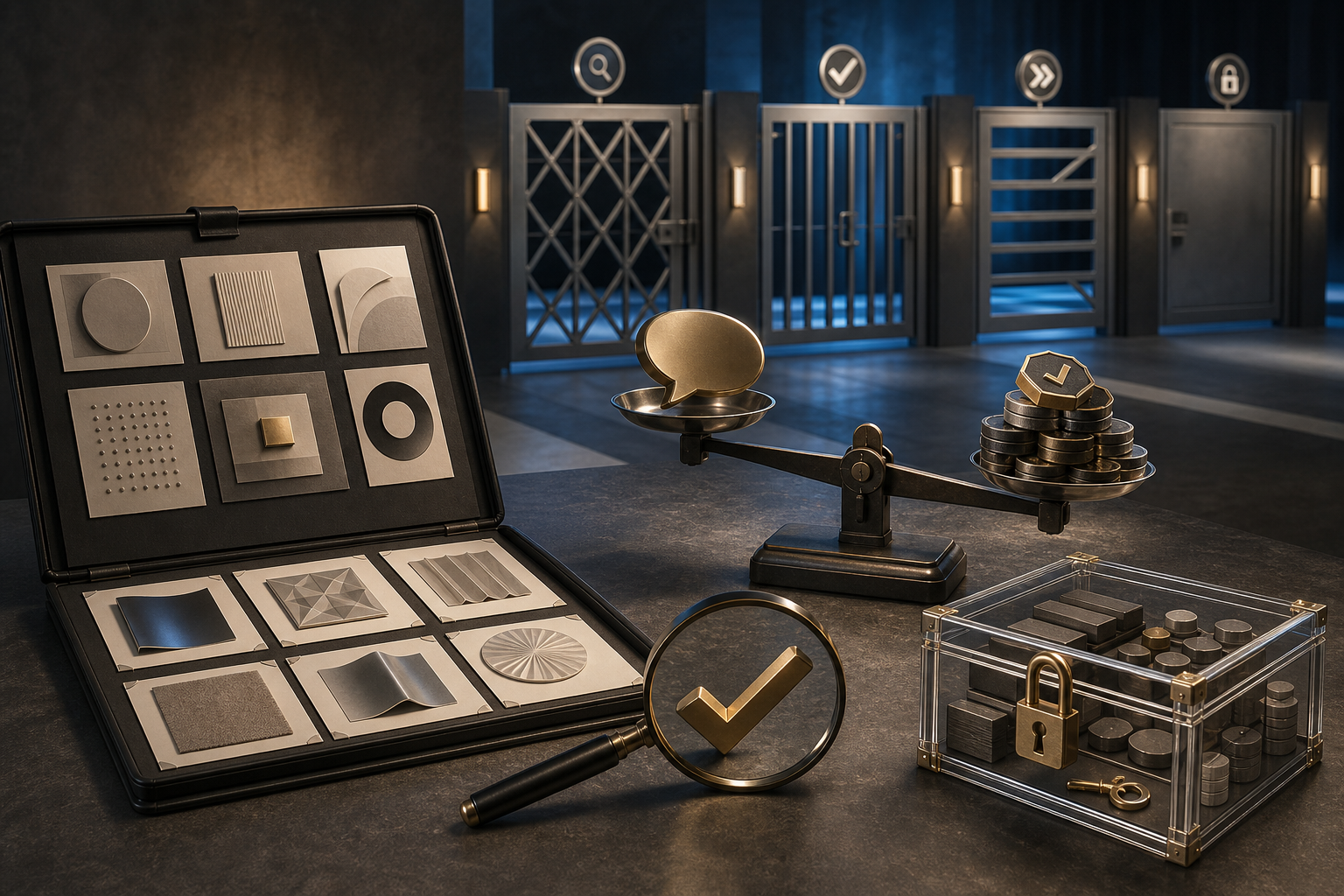 A conference table displays an evidence portfolio, a balance, verified tokens, and a locked asset box with a key.