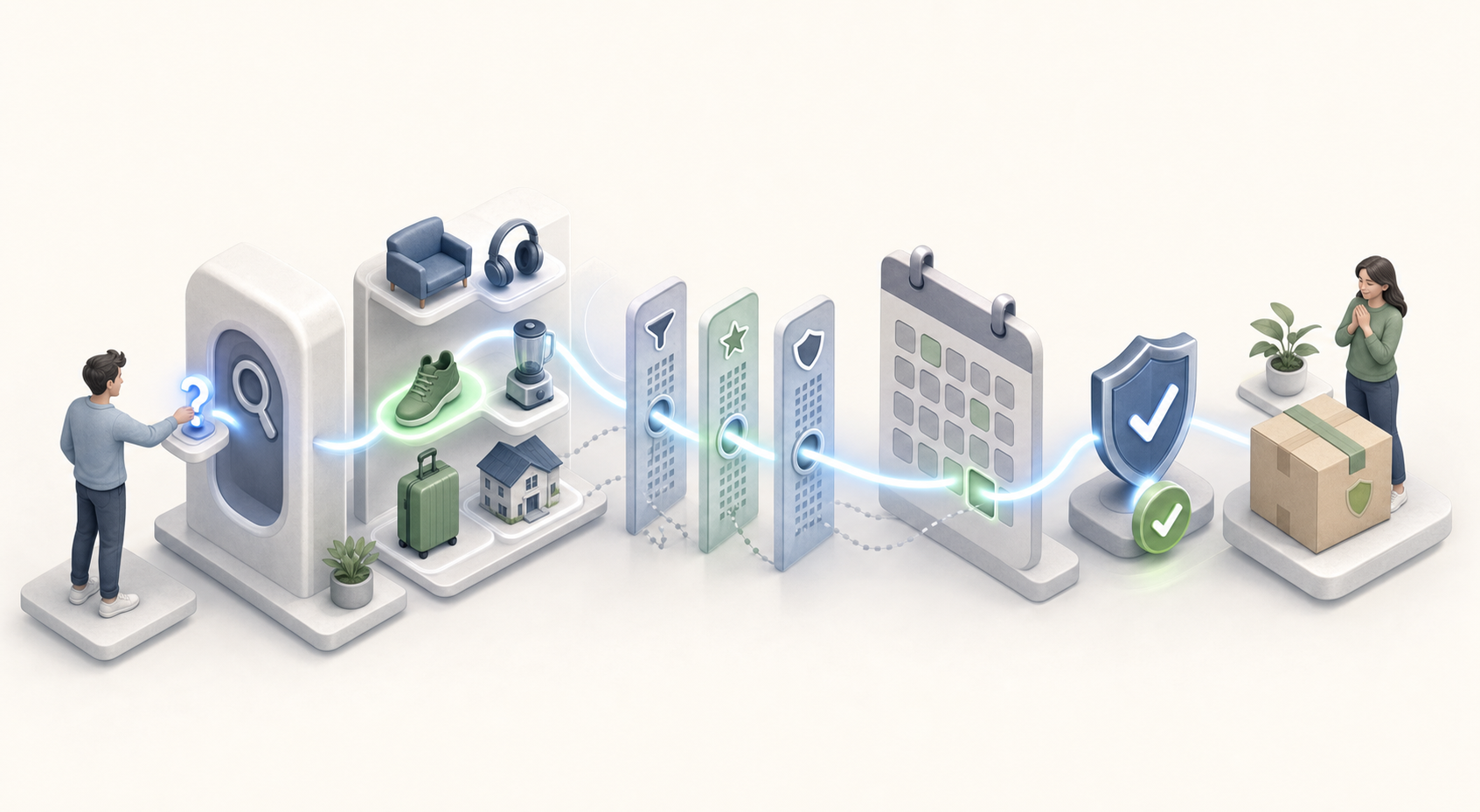 An isometric workflow follows a user request through comparison, constraint checking, availability, verification, and a completed outcome.