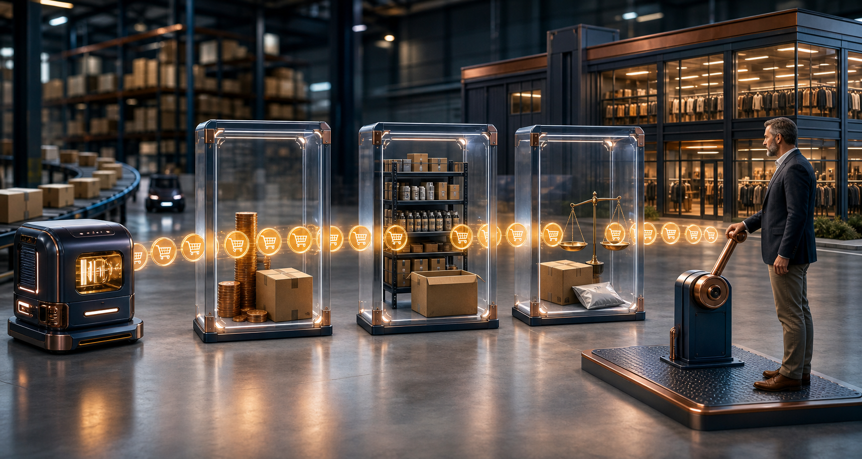 A stream of purchase tokens passes through margin, inventory, and quality checkpoints before reaching a larger retail network.