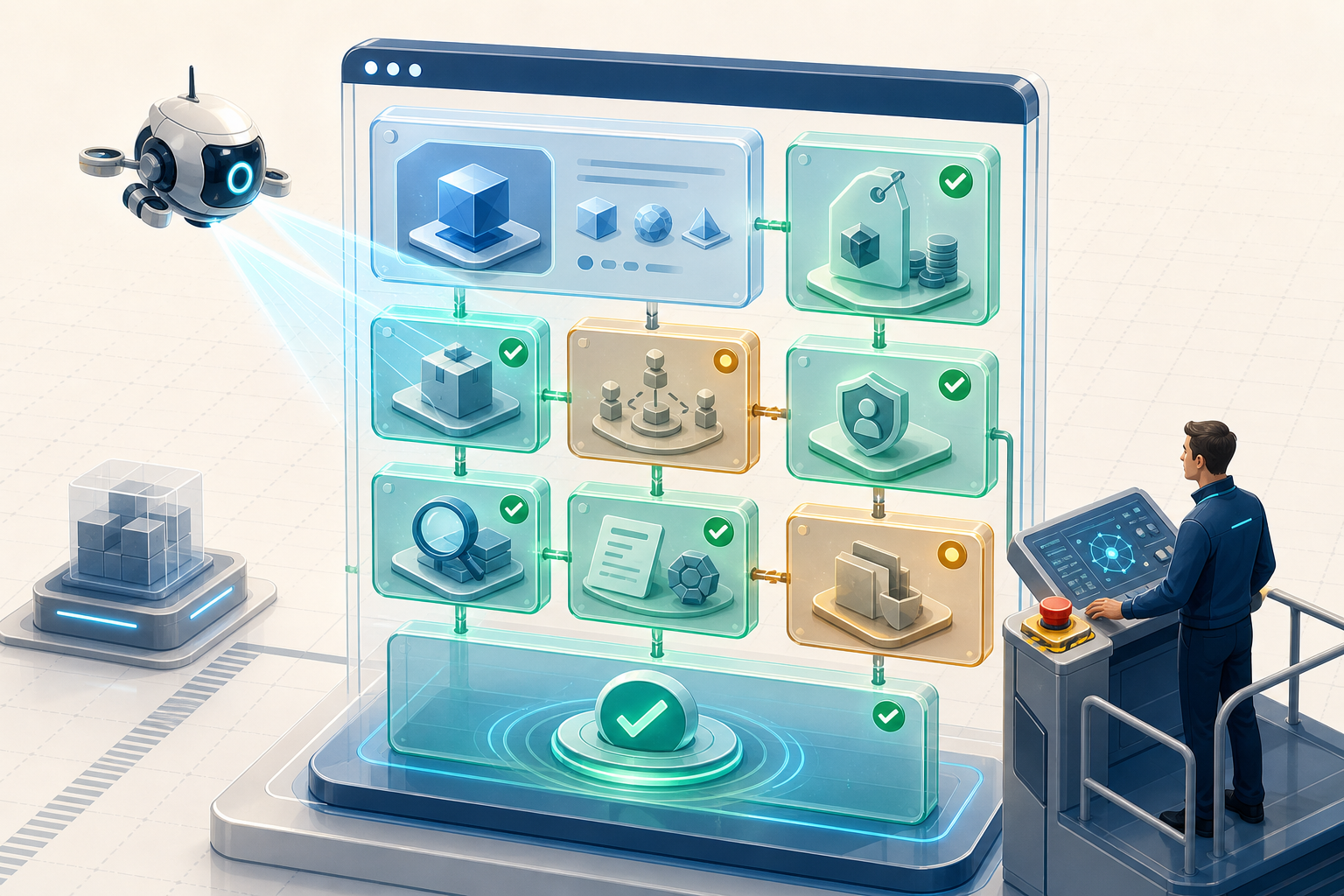 A digital inspection agent scans the modular elements of a webpage while a human specialist supervises from a control station.